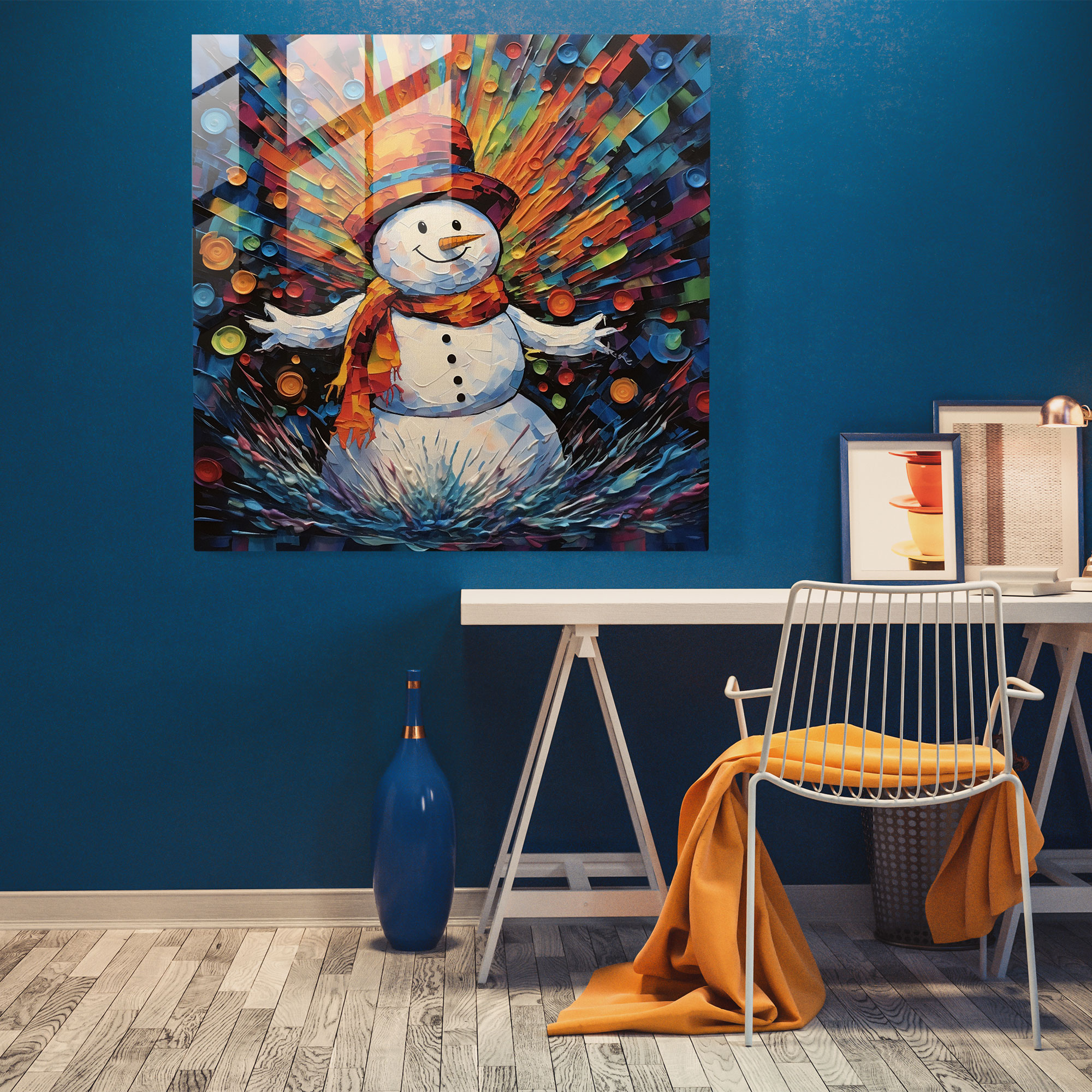 Expressive Snowman Glass Print - Snowman, Mixed Media Artwork, Glass Art, Home Decoration