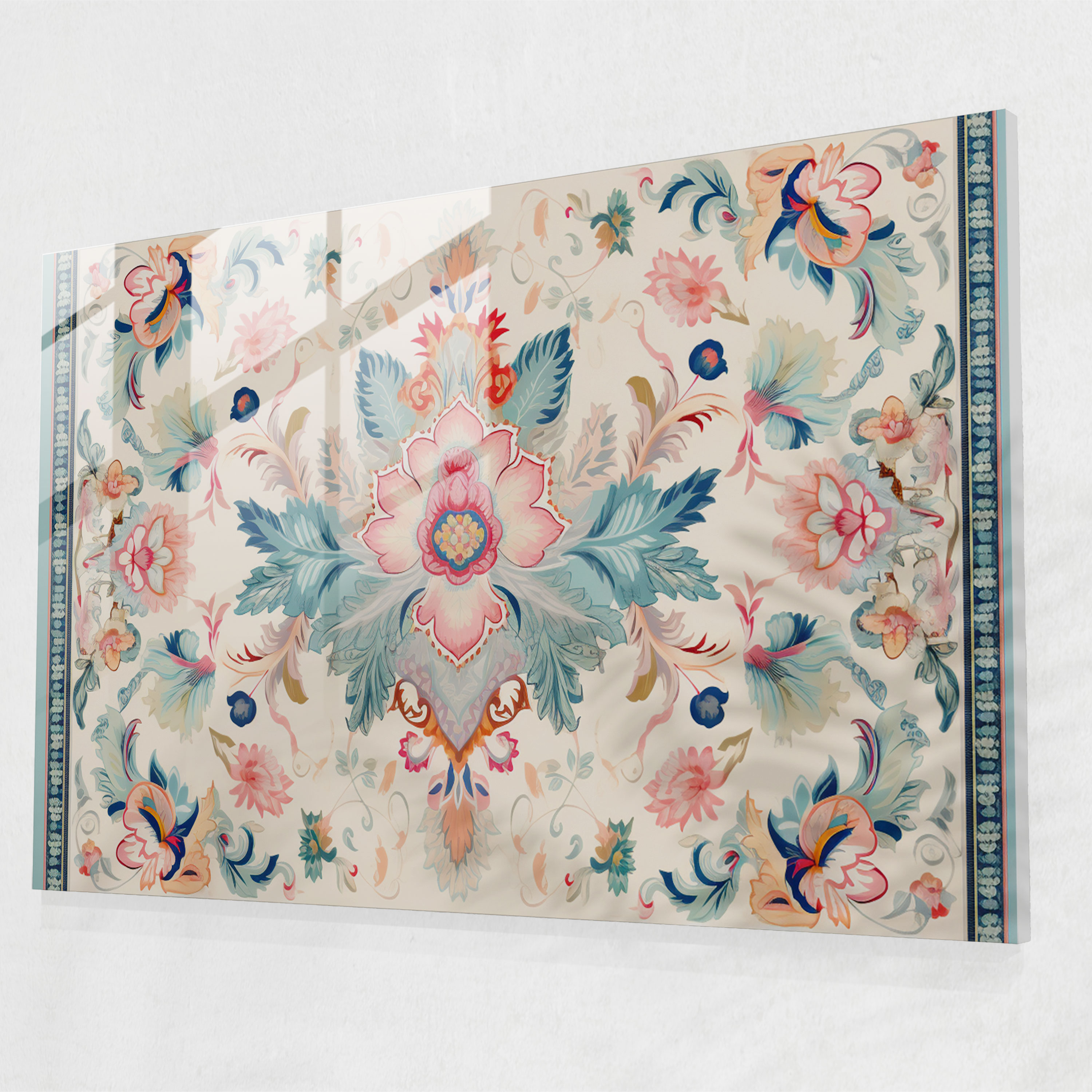 Pastel Floral Turkish Carpet Glass Print - Turkish Carpet, Glass Print, Modern Art, Wall Decoration