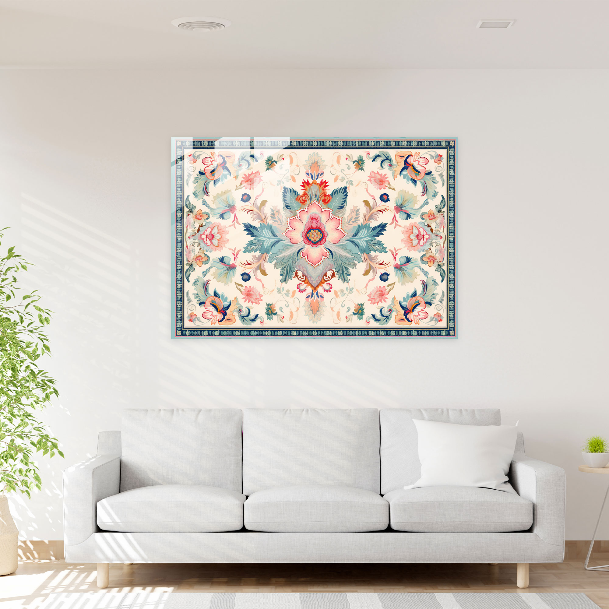 Pastel Floral Turkish Carpet Glass Print - Turkish Carpet, Glass Print, Modern Art, Wall Decoration
