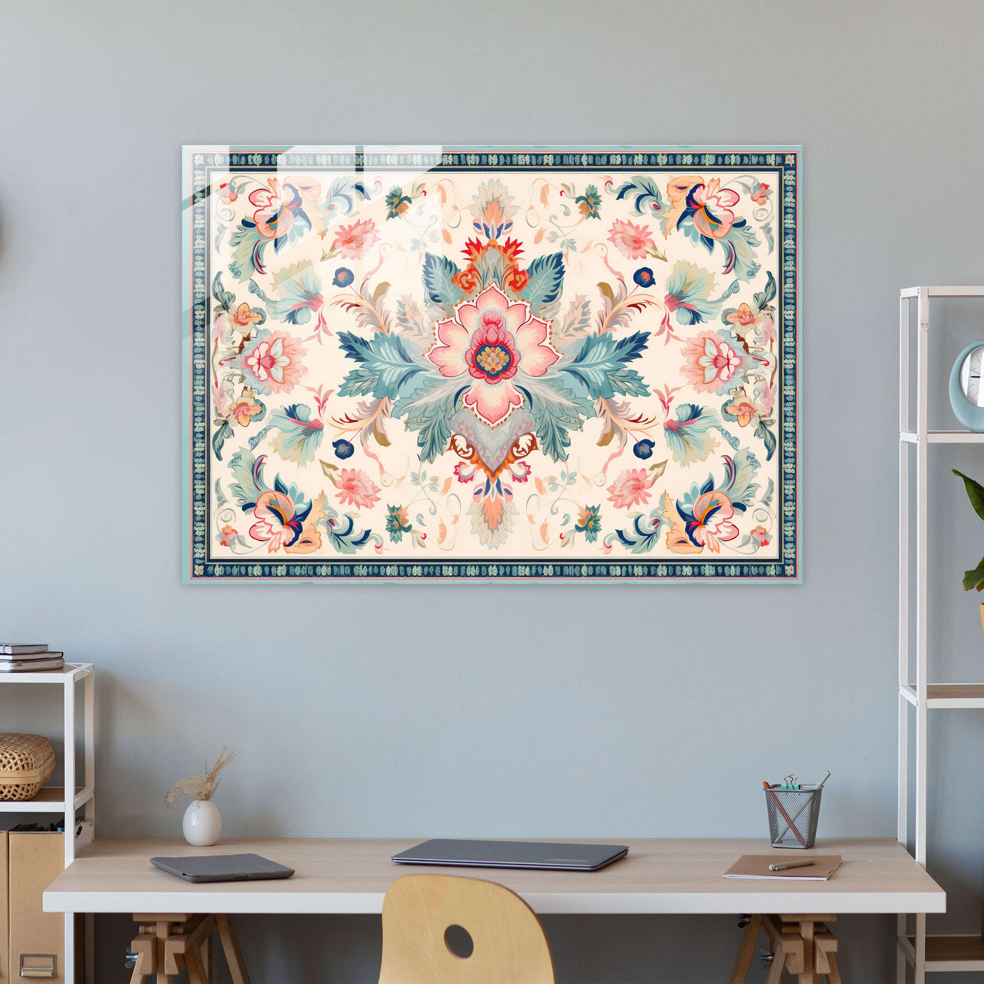 Pastel Floral Turkish Carpet Glass Print - Turkish Carpet, Glass Print, Modern Art, Wall Decoration