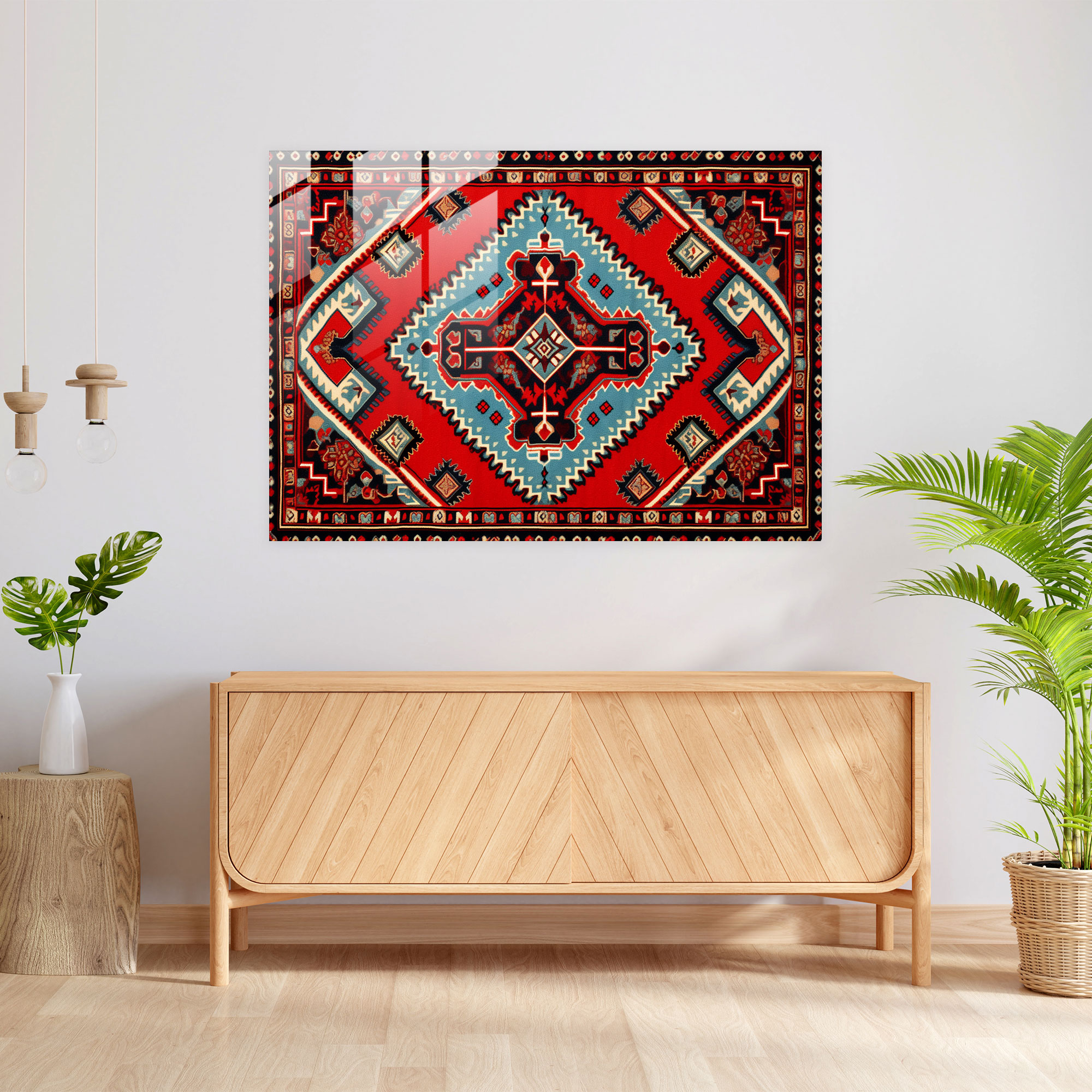 Kırmızı Geometrik Türk Halısı Cam Tablo Baskı - Türk Halısı Cam Sanatı Cam Tablo Cam Duvar Sanatı