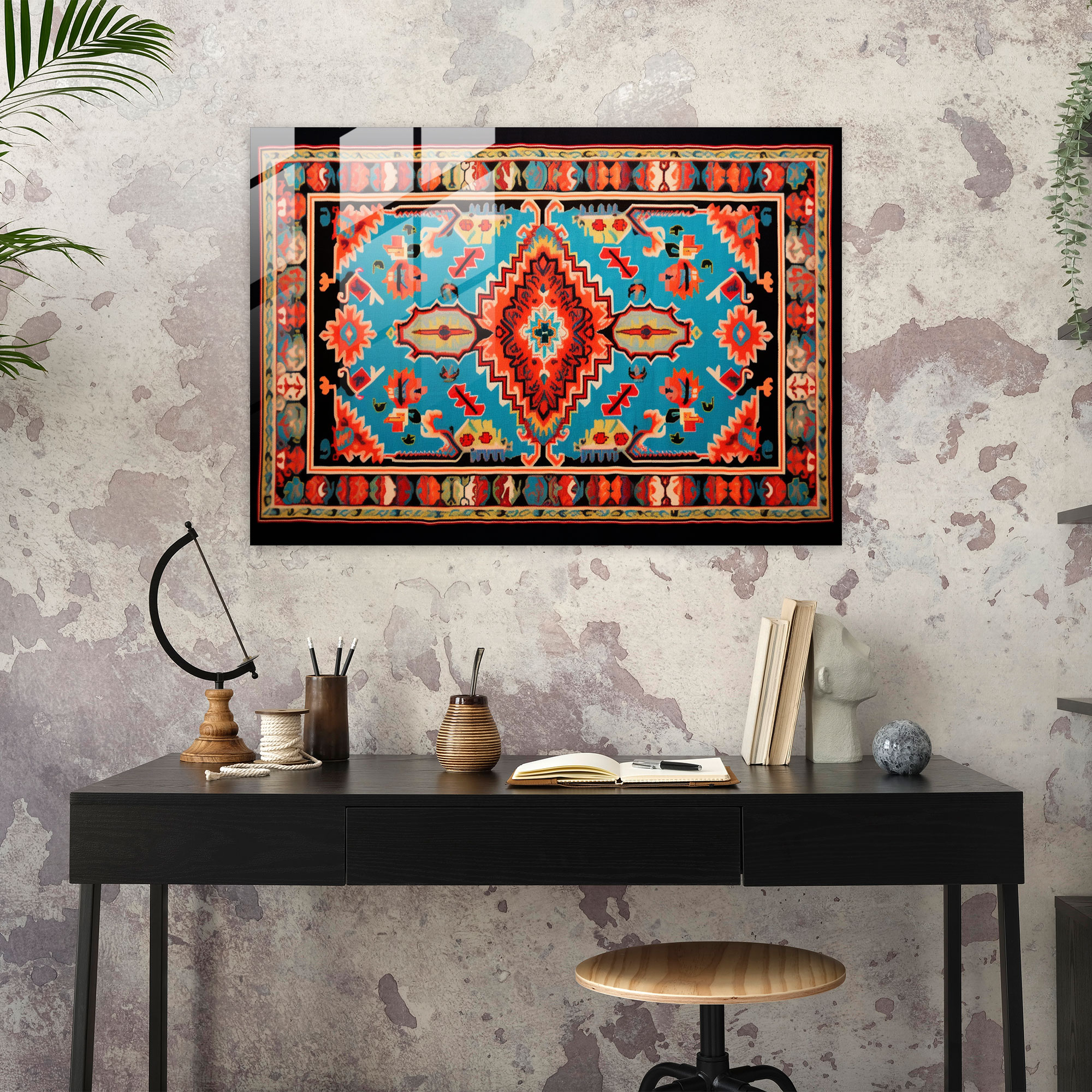 Whimsical Turkish Carpet Pattern Glass Print - Turkish Carpet, Joyful, Vibrant Colors, Modern Art