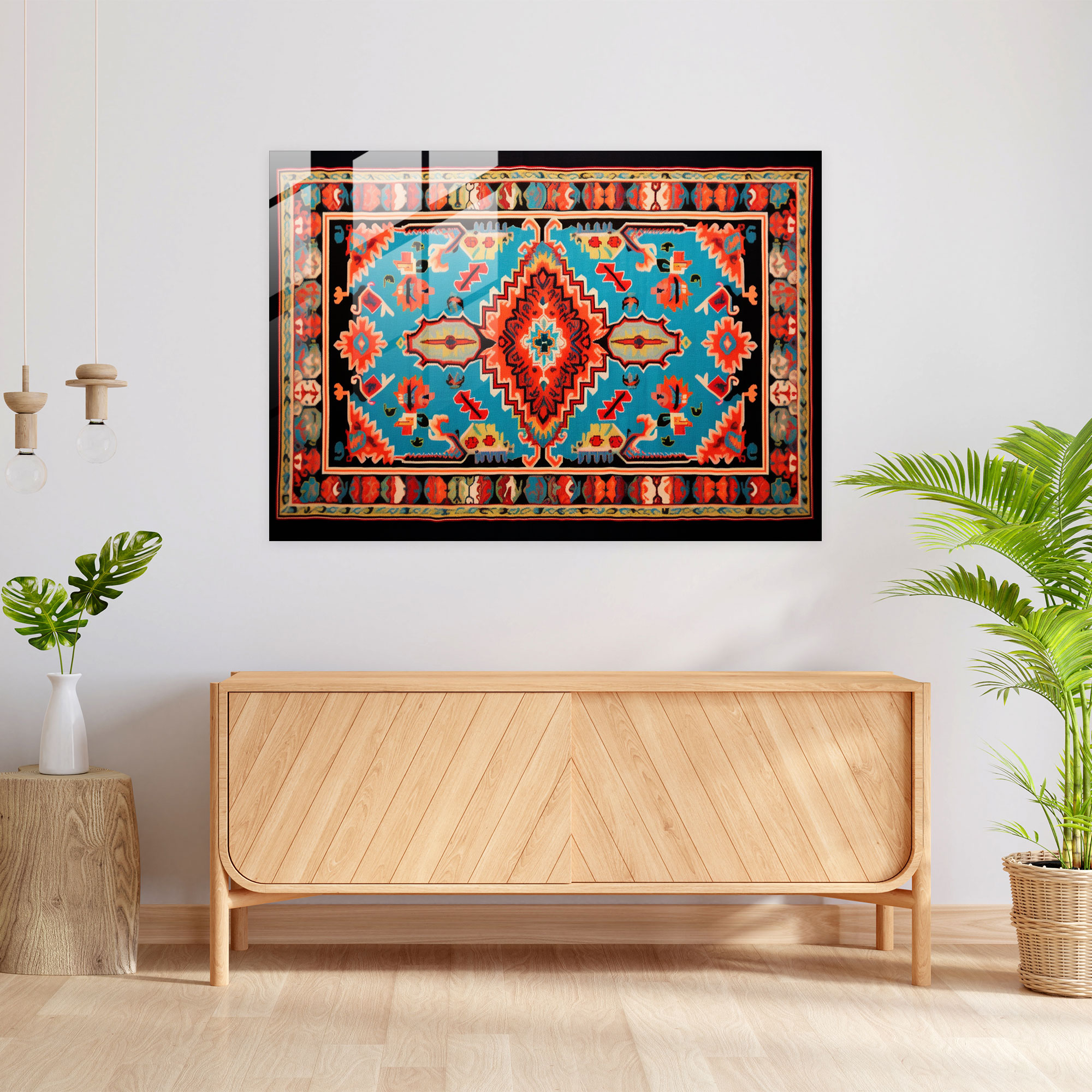 Whimsical Turkish Carpet Pattern Glass Print - Turkish Carpet, Joyful, Vibrant Colors, Modern Art