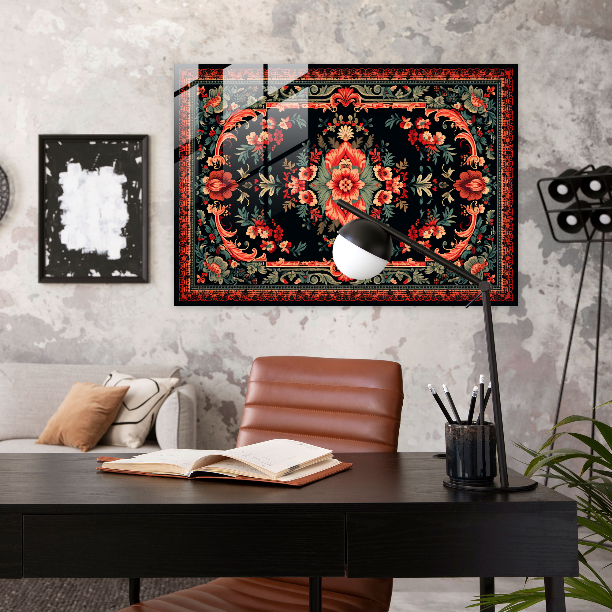 Detaylı Türk Halısı Cam Tablosu - Türk Halısı Deseni Cam Tablo Sanatı