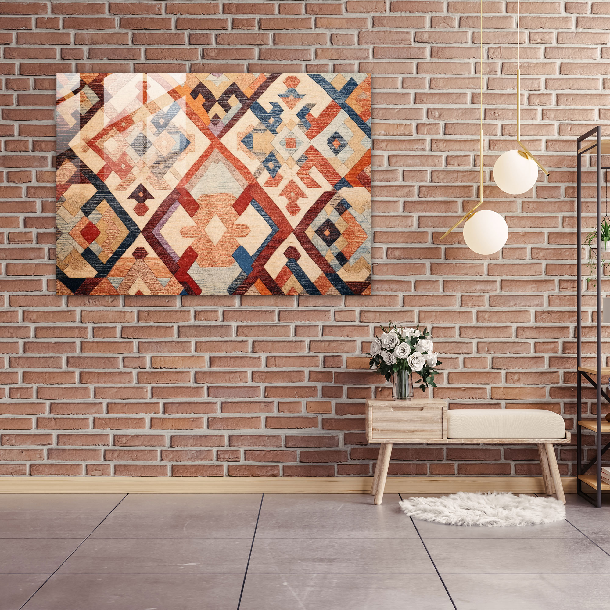 Türk Büyüsü Cam Duvar Sanatı - Türk Halısı Cam Duvar Sanatı Geometrik Motifler Türk Halı Deseni