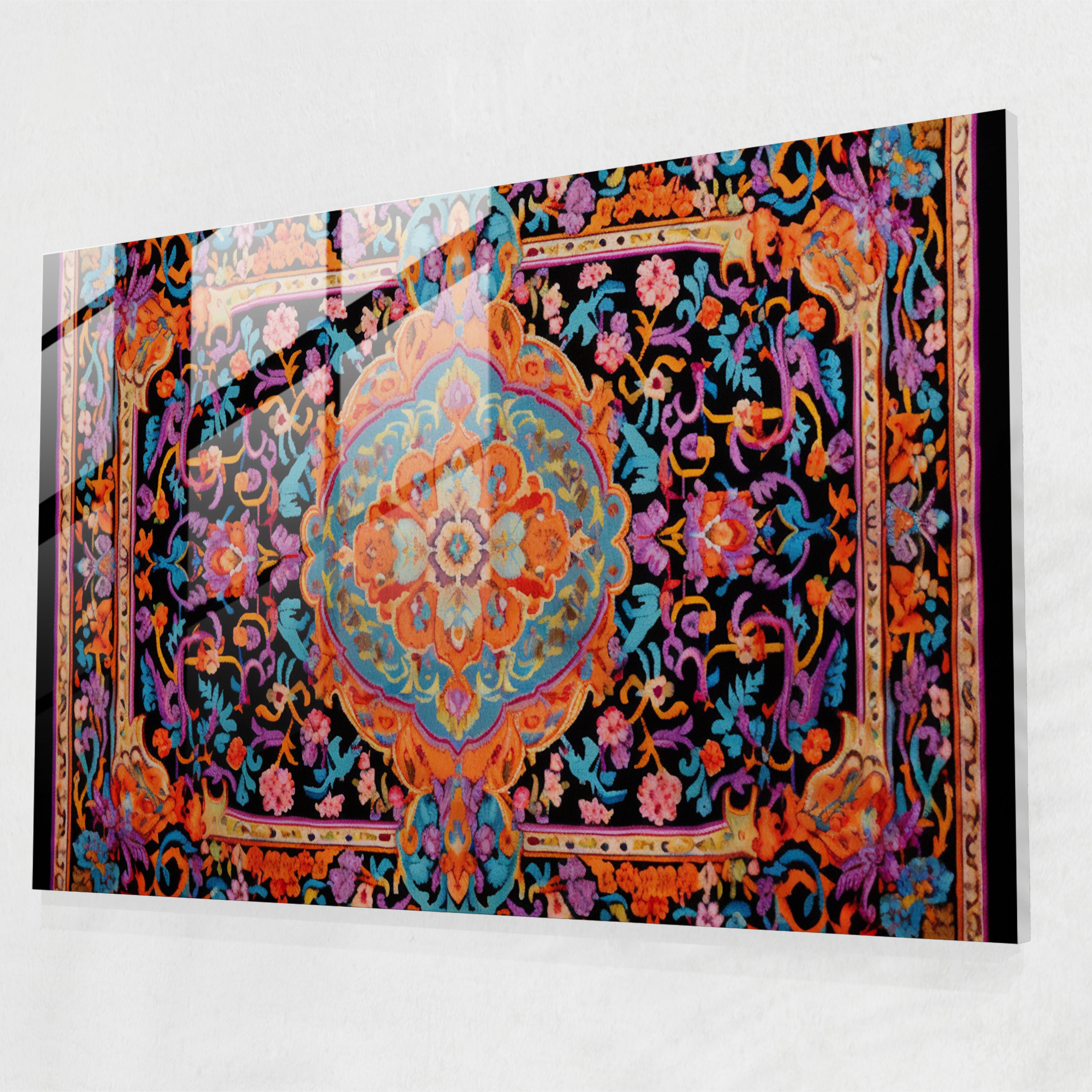 Türk Halı Desenli Cam Tablo Baskısı - Türk Halısı Modern Sanat Çiçek Motifleri Canlı renkler