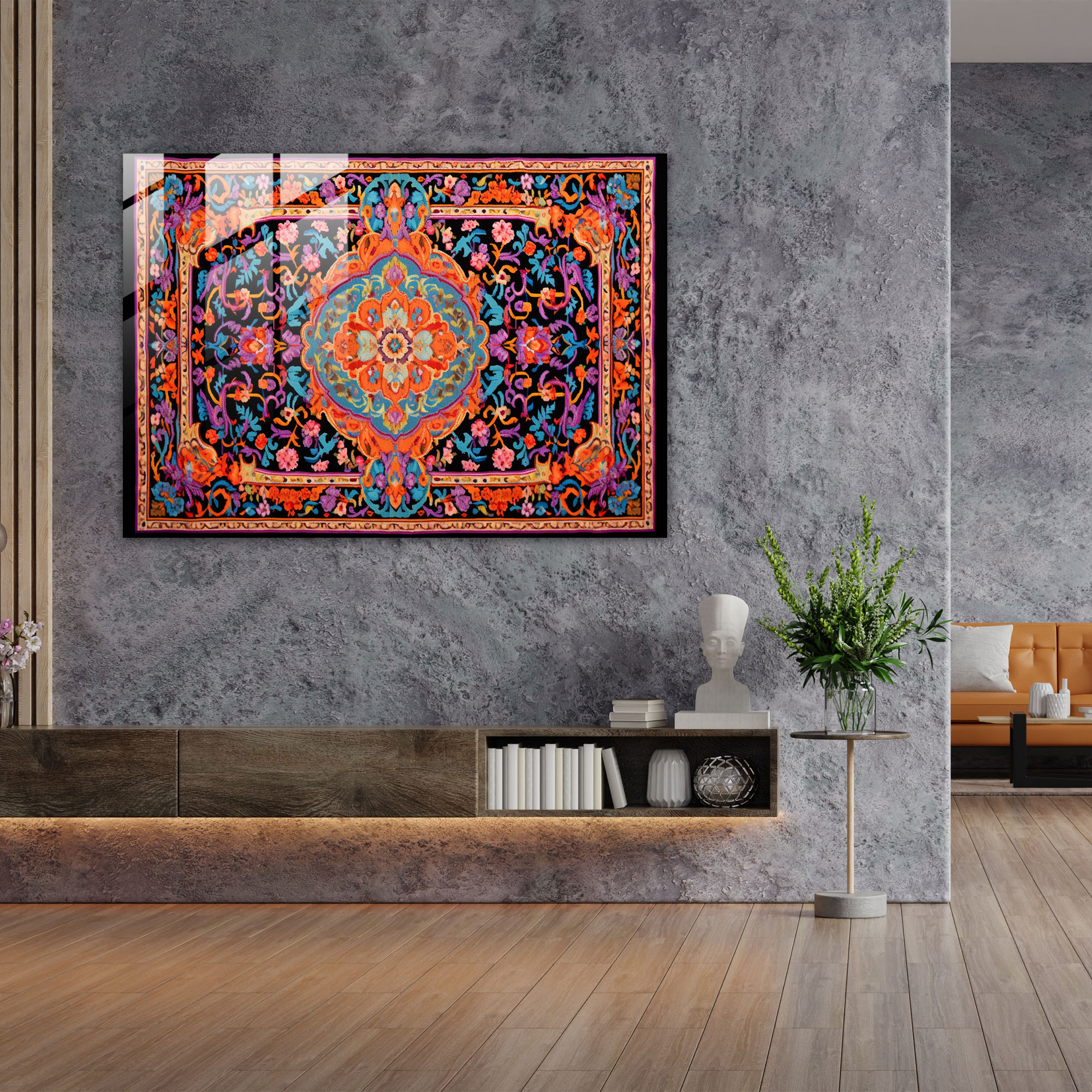 Türk Halı Desenli Cam Tablo Baskısı - Türk Halısı Modern Sanat Çiçek Motifleri Canlı renkler