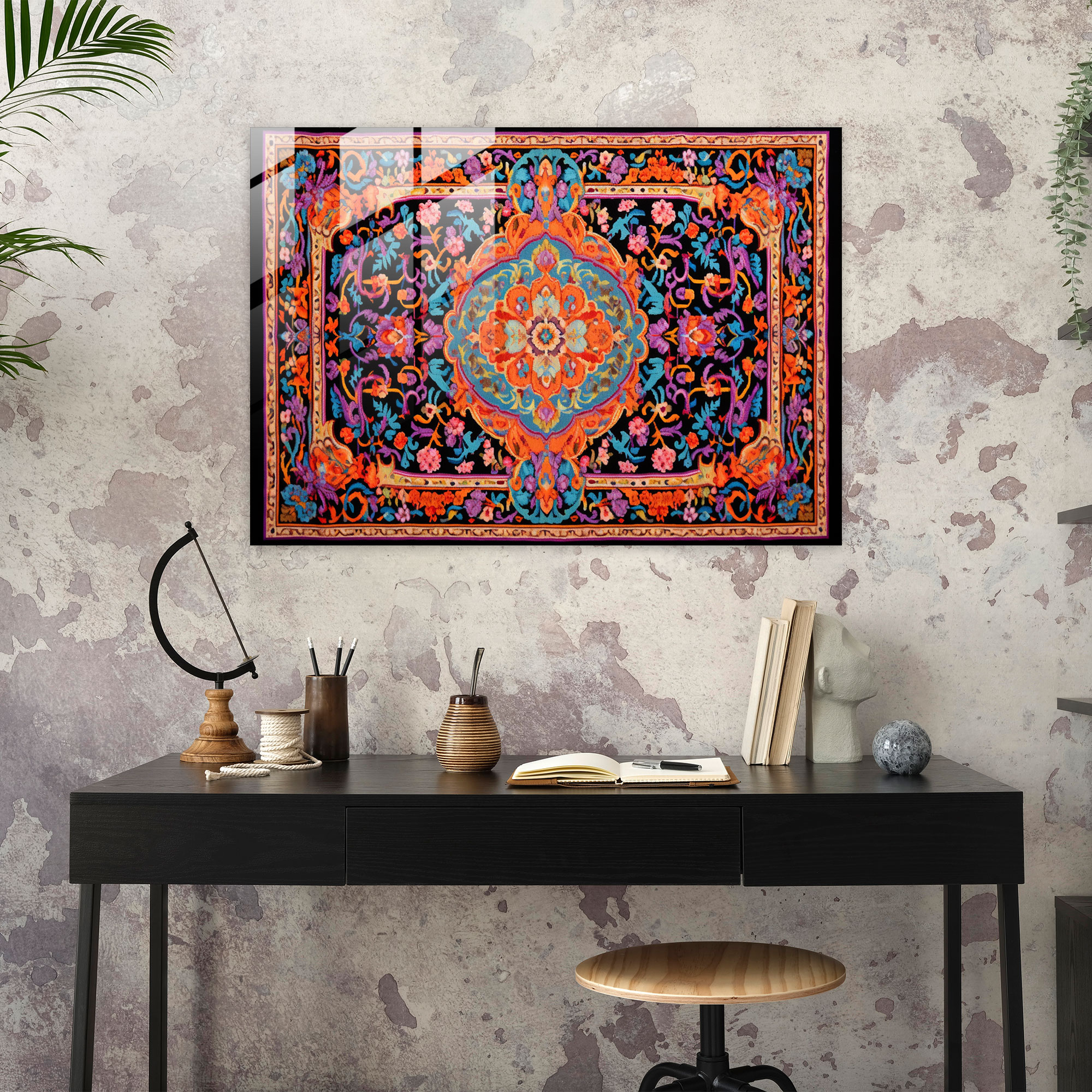 Türk Halı Desenli Cam Tablo Baskısı - Türk Halısı Modern Sanat Çiçek Motifleri Canlı renkler
