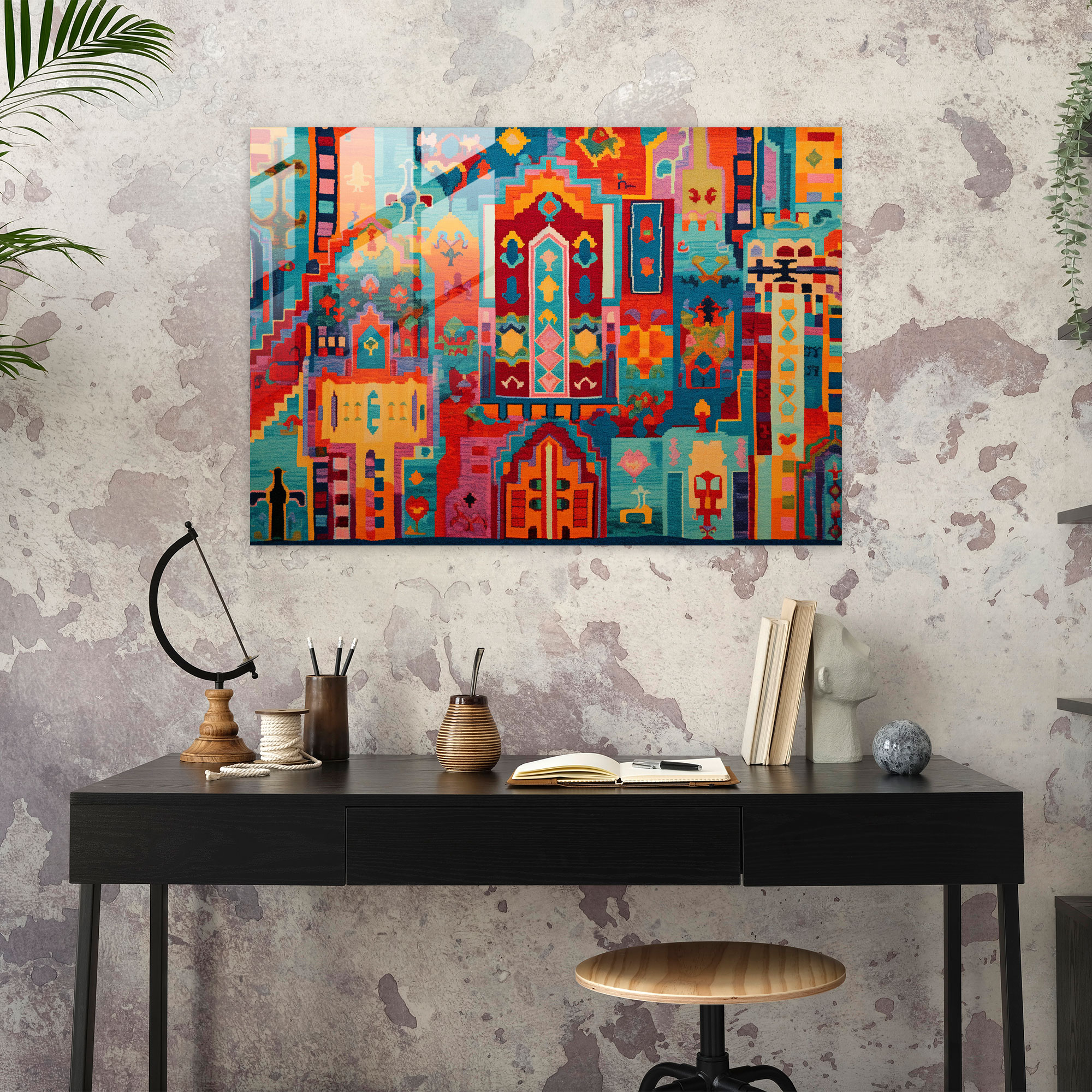 Modern Türk Halı Desenli Cam Tablo Sanatı - Türk Halısı Ev Dekorasyonu Modern Sanat Geometrik Desenler