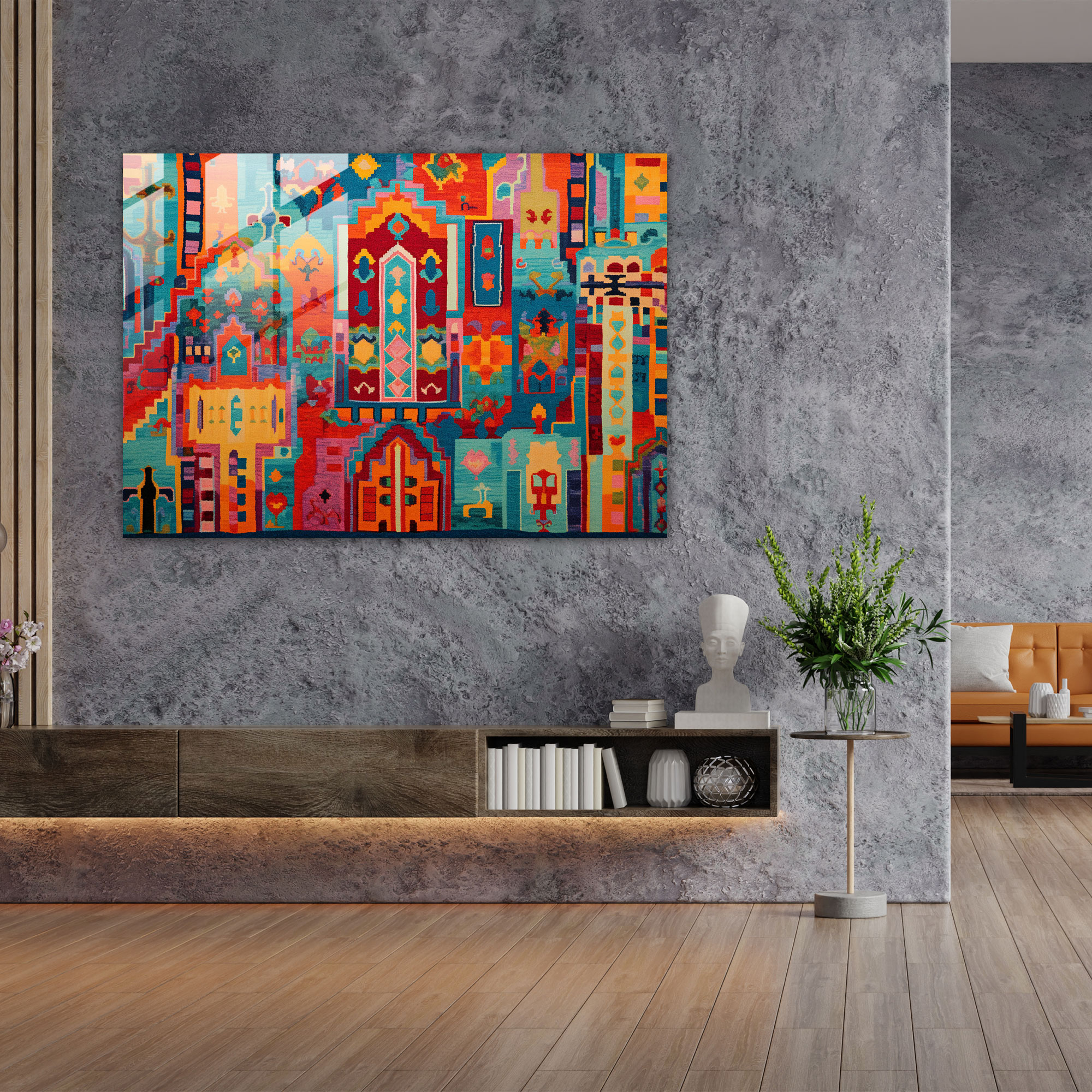 Modern Türk Halı Desenli Cam Tablo Sanatı - Türk Halısı Ev Dekorasyonu Modern Sanat Geometrik Desenler