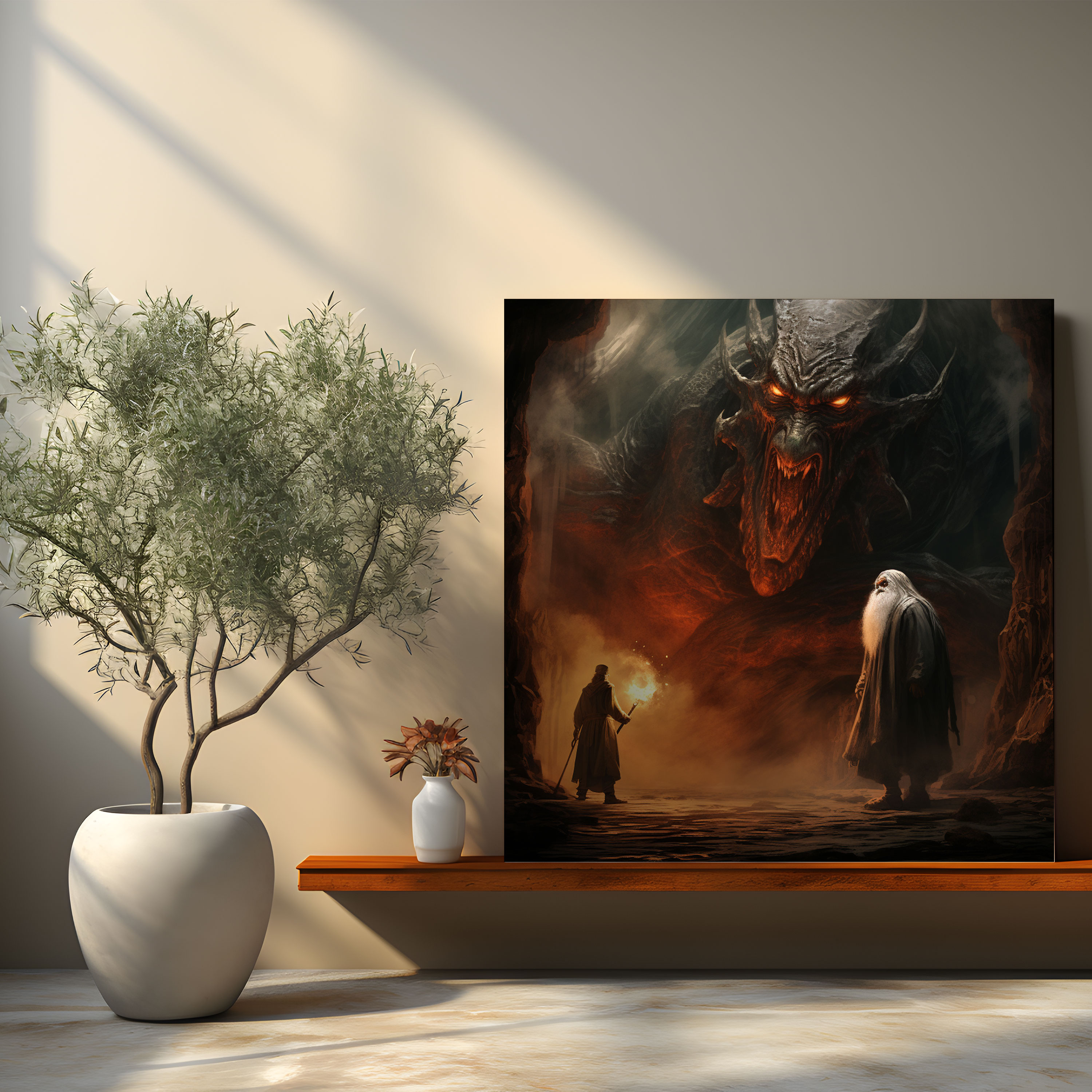Gandalf ve Balrog Arasındaki Mücadele - Orta Dünya Kanvas Tablo - Gerçekçi Dijital Boyama Sanatı