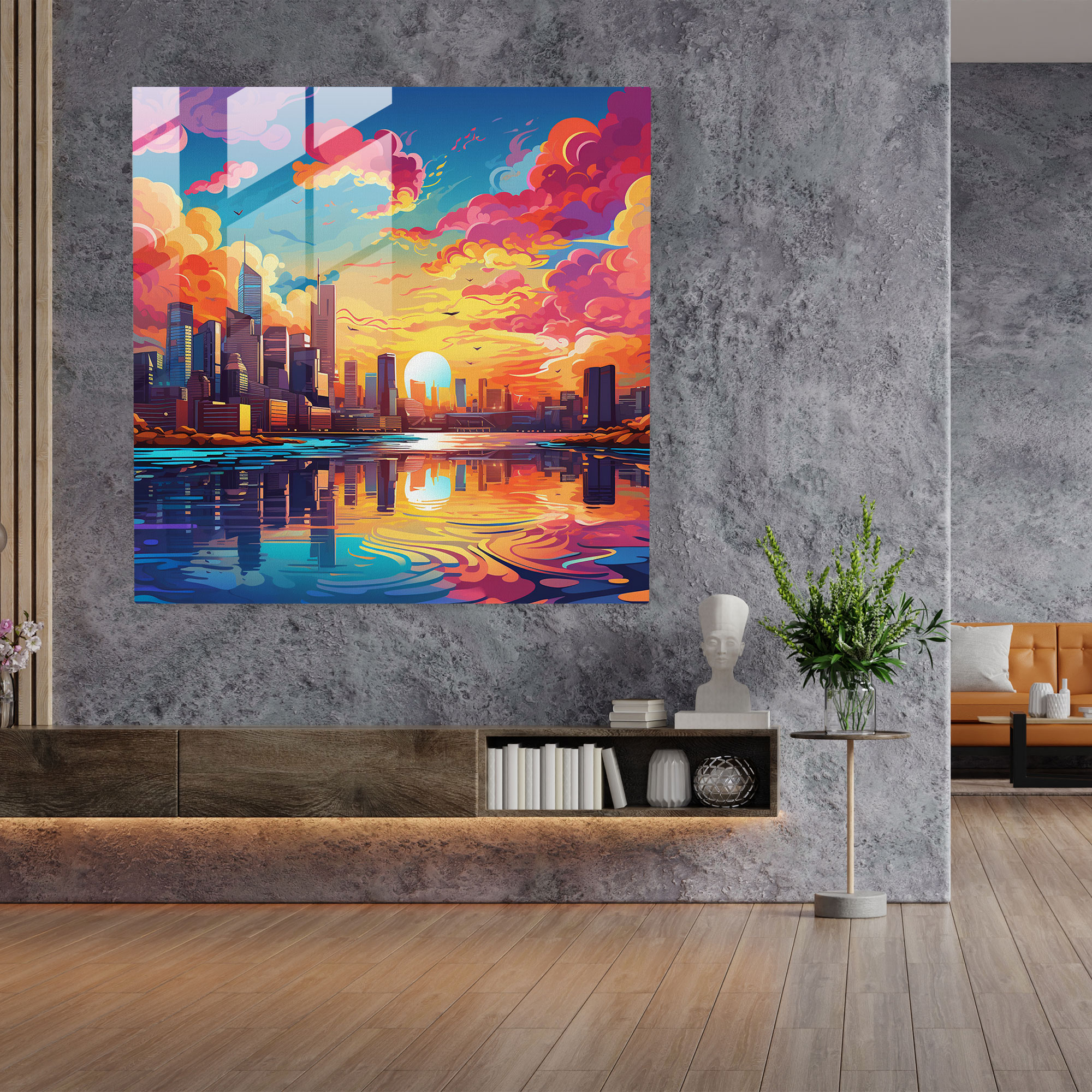 The Most Beautiful Landscapes Of The World - Vibrant City Skyline Glass Print - The Most Beautiful Landscapes Of The World, Vibrant City Skyline, Wall Decoration, Colorful Sunset