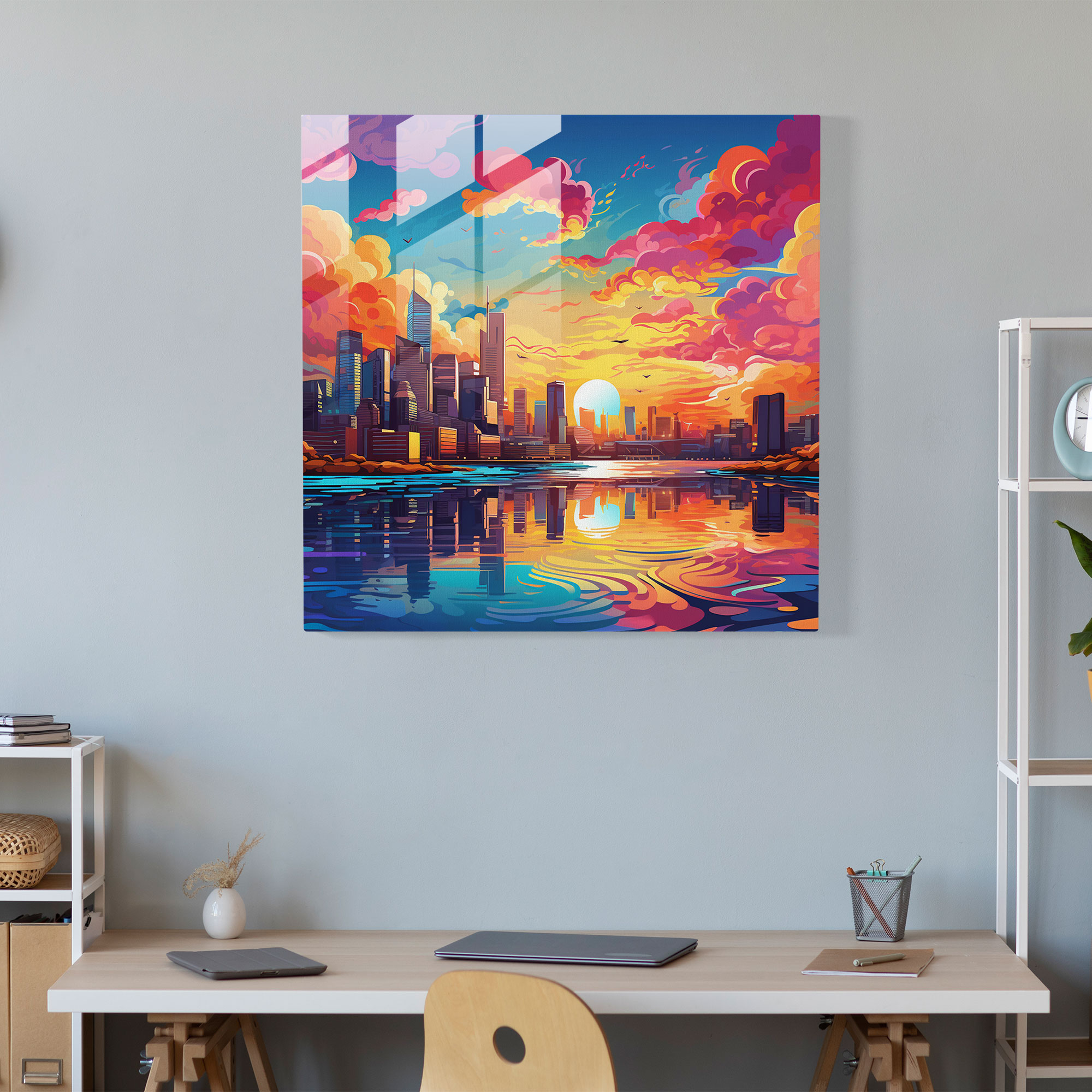 The Most Beautiful Landscapes Of The World - Vibrant City Skyline Glass Print - The Most Beautiful Landscapes Of The World, Vibrant City Skyline, Wall Decoration, Colorful Sunset