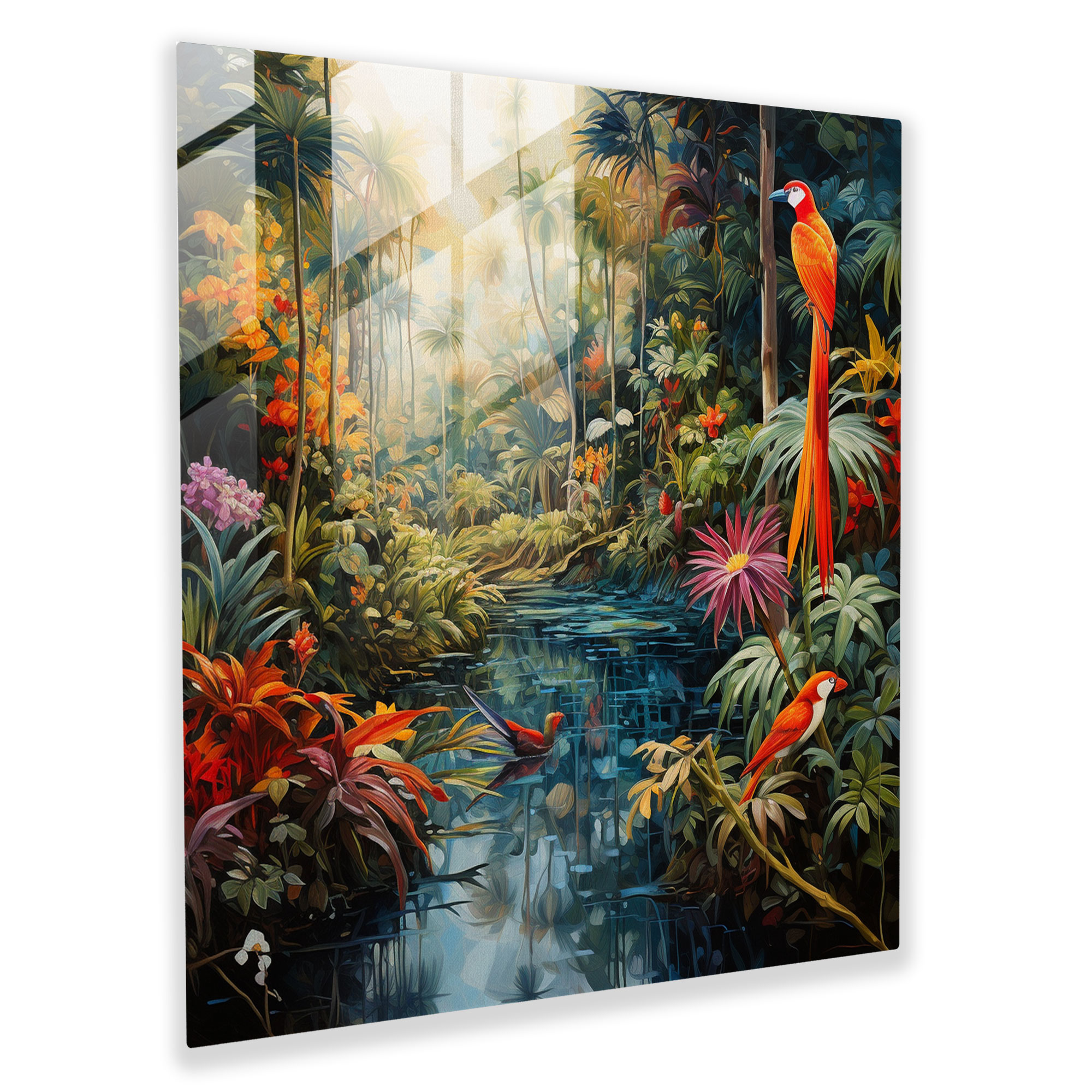 Rainforest Serenity Glass Print - Tropical, Impressionist Artwork, Exotic Animals, Tropical