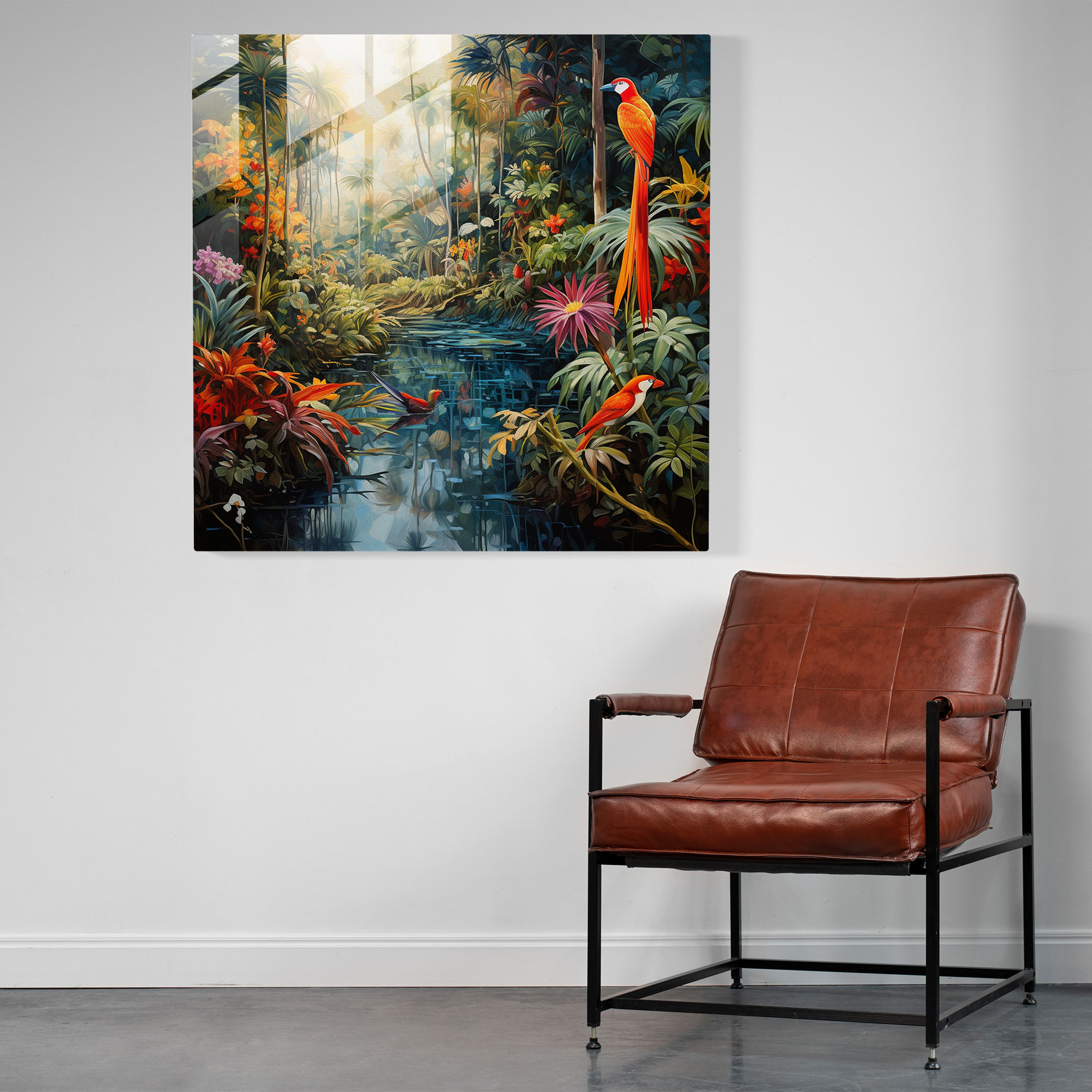 Rainforest Serenity Glass Print - Tropical, Impressionist Artwork, Exotic Animals, Tropical