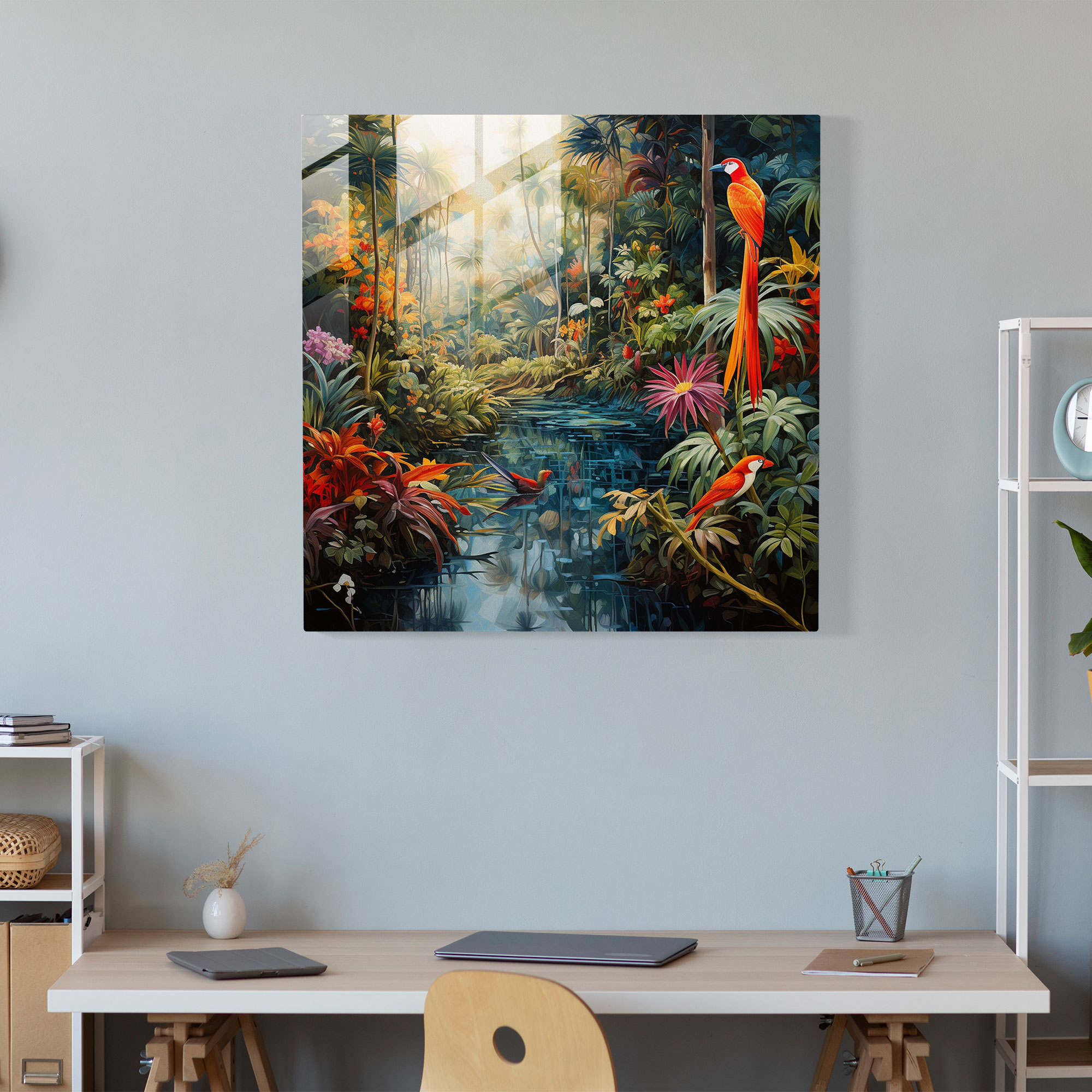 Rainforest Serenity Glass Print - Tropical, Impressionist Artwork, Exotic Animals, Tropical