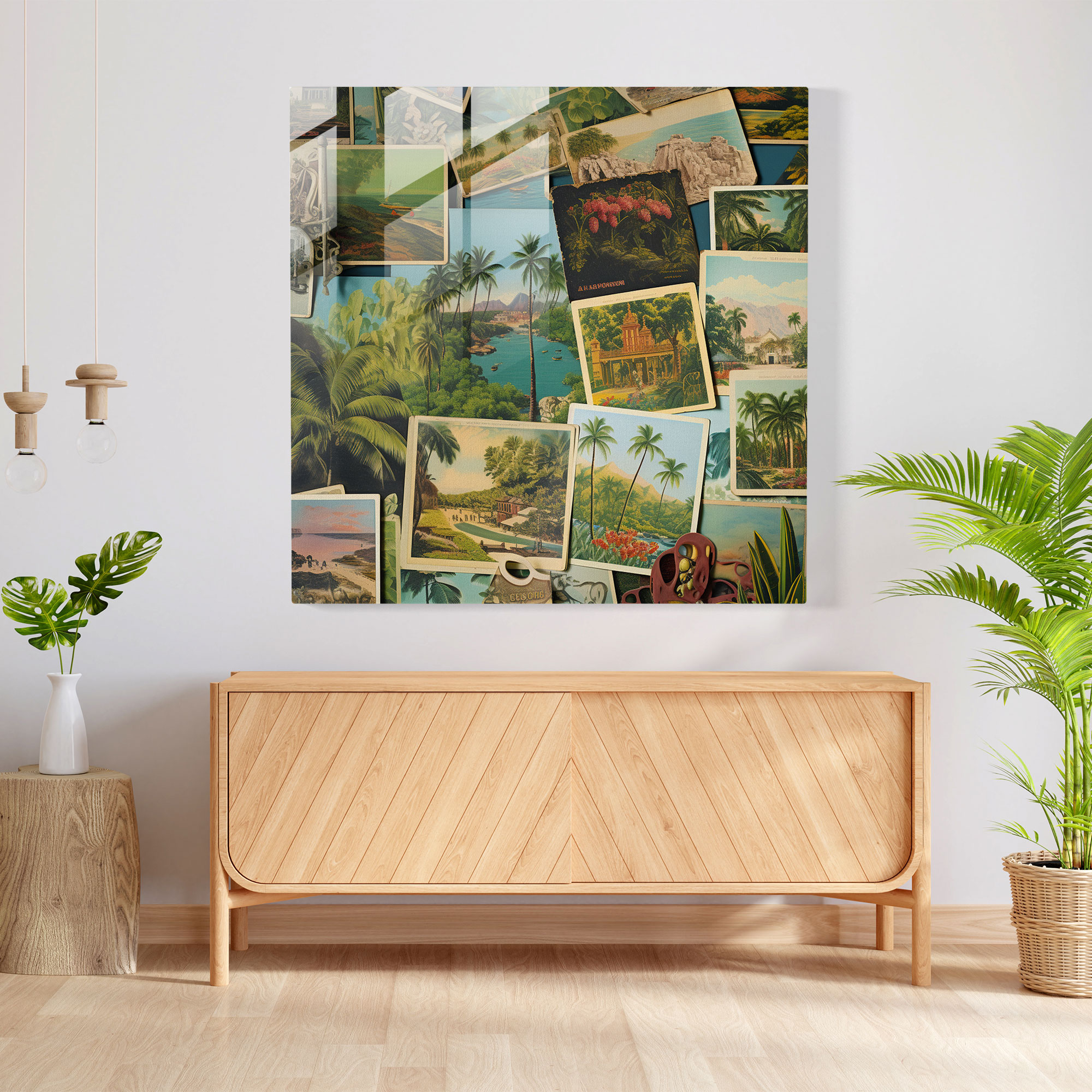 Nostalgic Tropical Glass Print - Tropical, Collage, Modern Art, Vintage Postcards