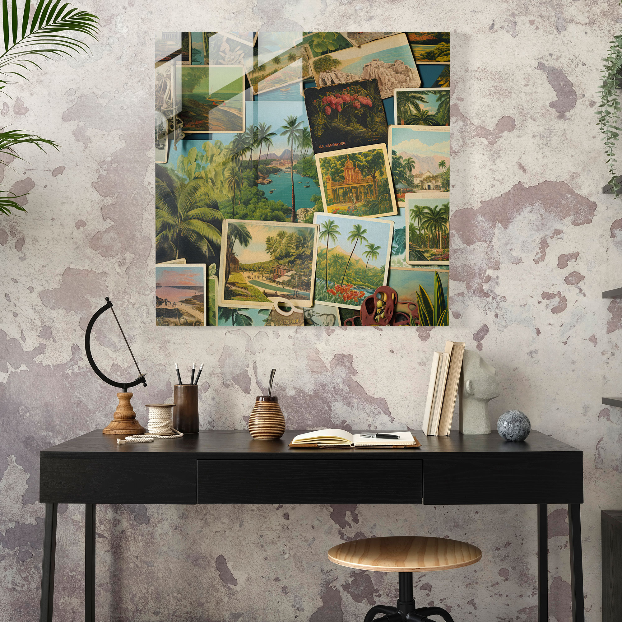Nostalgic Tropical Glass Print - Tropical, Collage, Modern Art, Vintage Postcards