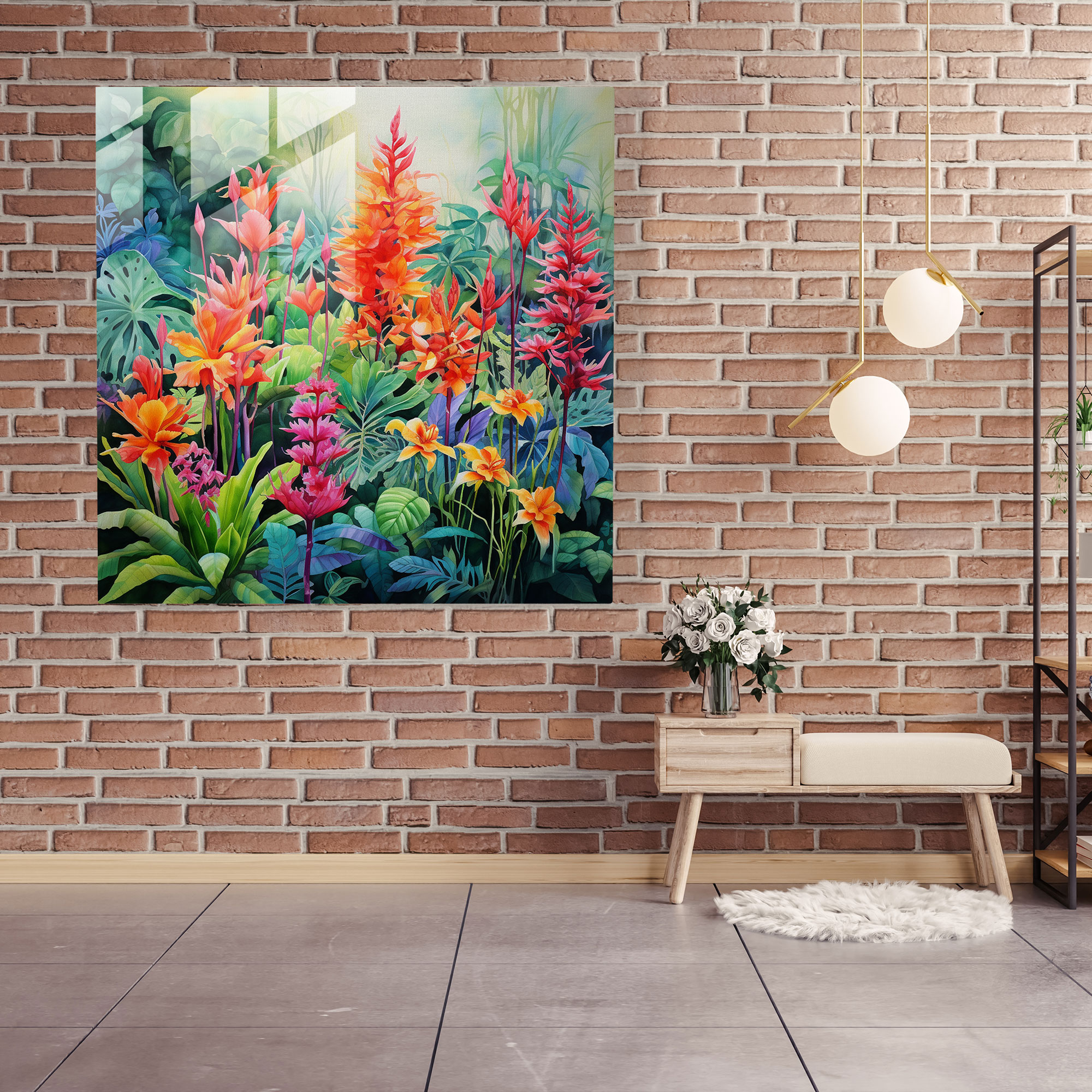 Tropical Glass Print - Watercolor Painting Of Blooming Rainforest Flowers - Tropical, Home Decoration, Vibrant Colors, Tropical Theme