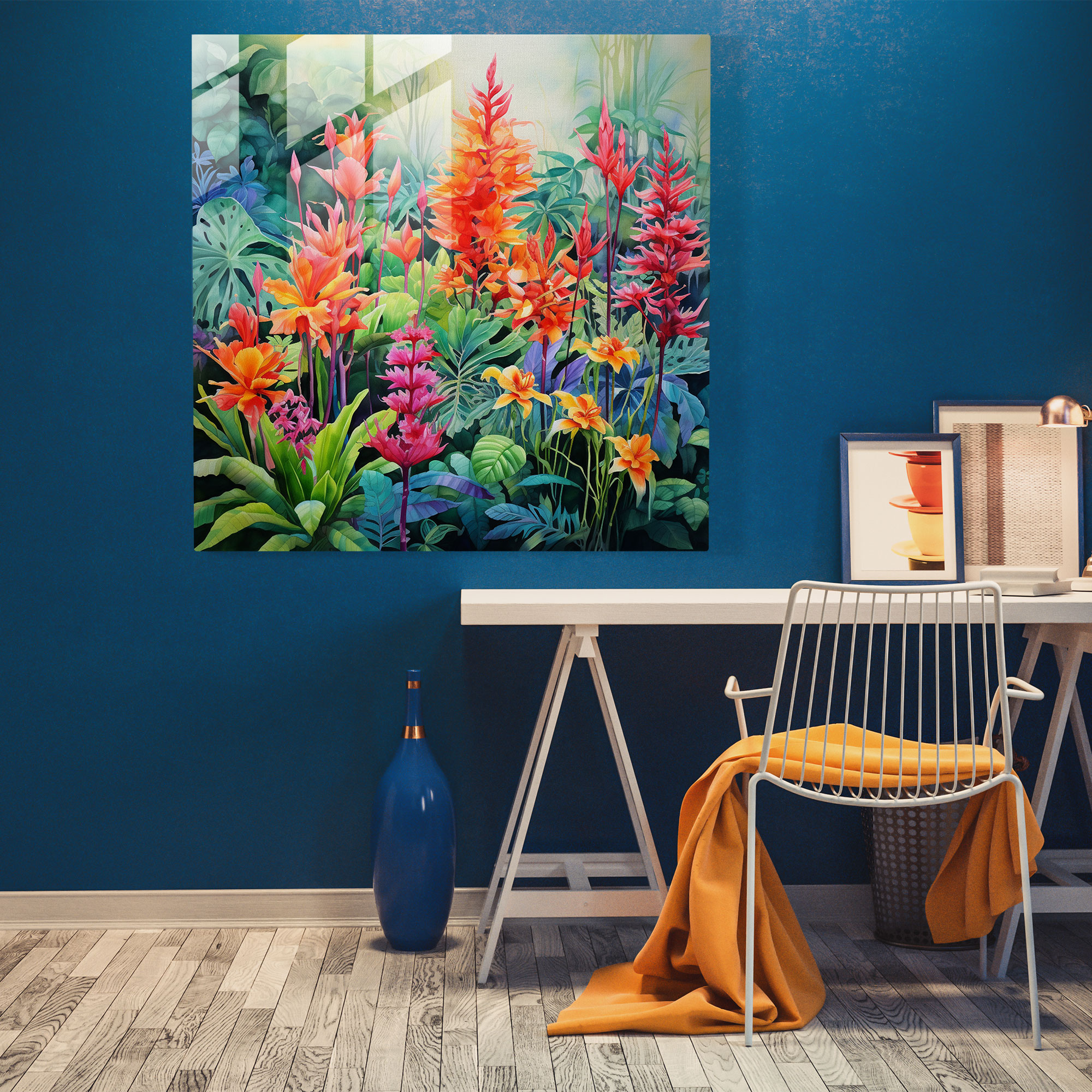 Tropical Glass Print - Watercolor Painting Of Blooming Rainforest Flowers - Tropical, Home Decoration, Vibrant Colors, Tropical Theme