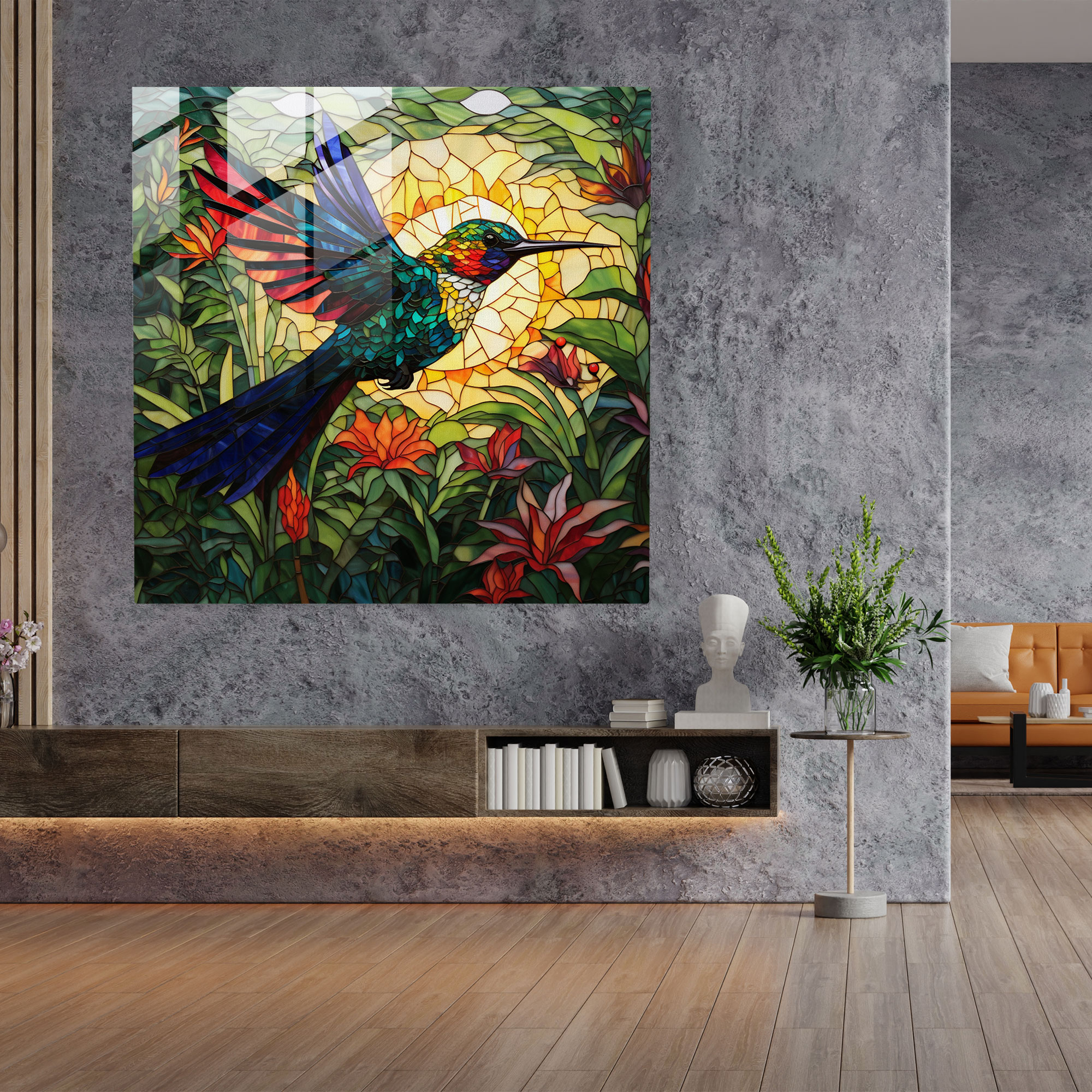 Tropical Glass Print - Stained Glass Mosaic Of A Flying Bird - Tropical, Radiant Colors, Glass Art, Home Decoration