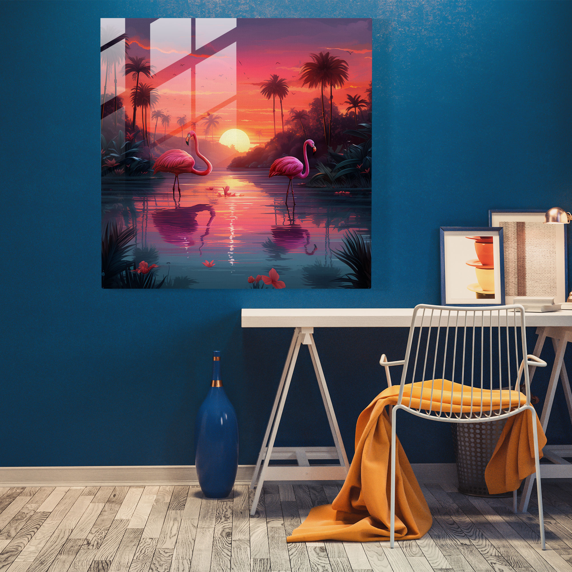 Tropical Glass Print - Digital Illustration Of A Serene Sunset Paradise - Tropical, Vibrant Colors, Glass Art, Home Decoration