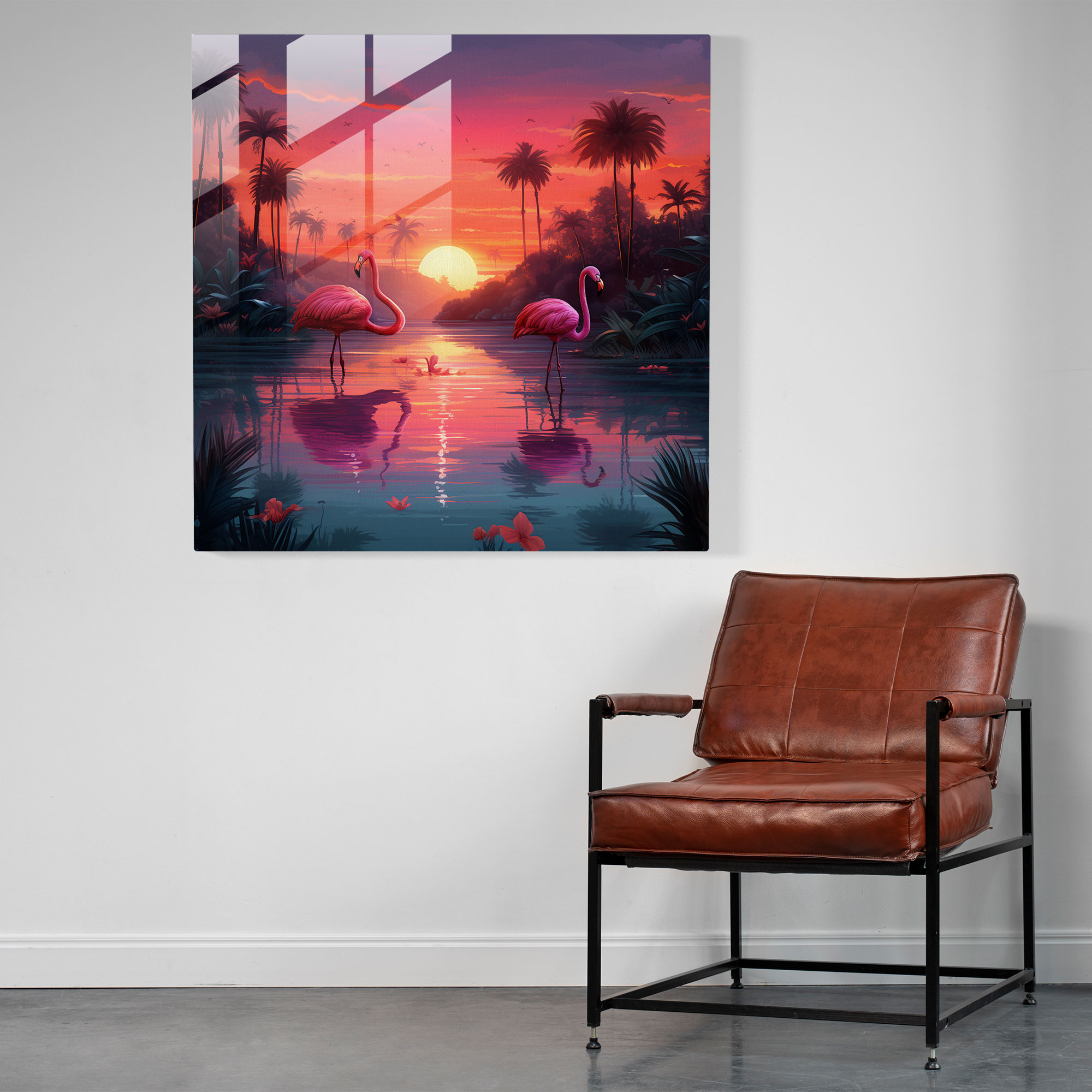 Tropical Glass Print - Digital Illustration Of A Serene Sunset Paradise - Tropical, Vibrant Colors, Glass Art, Home Decoration
