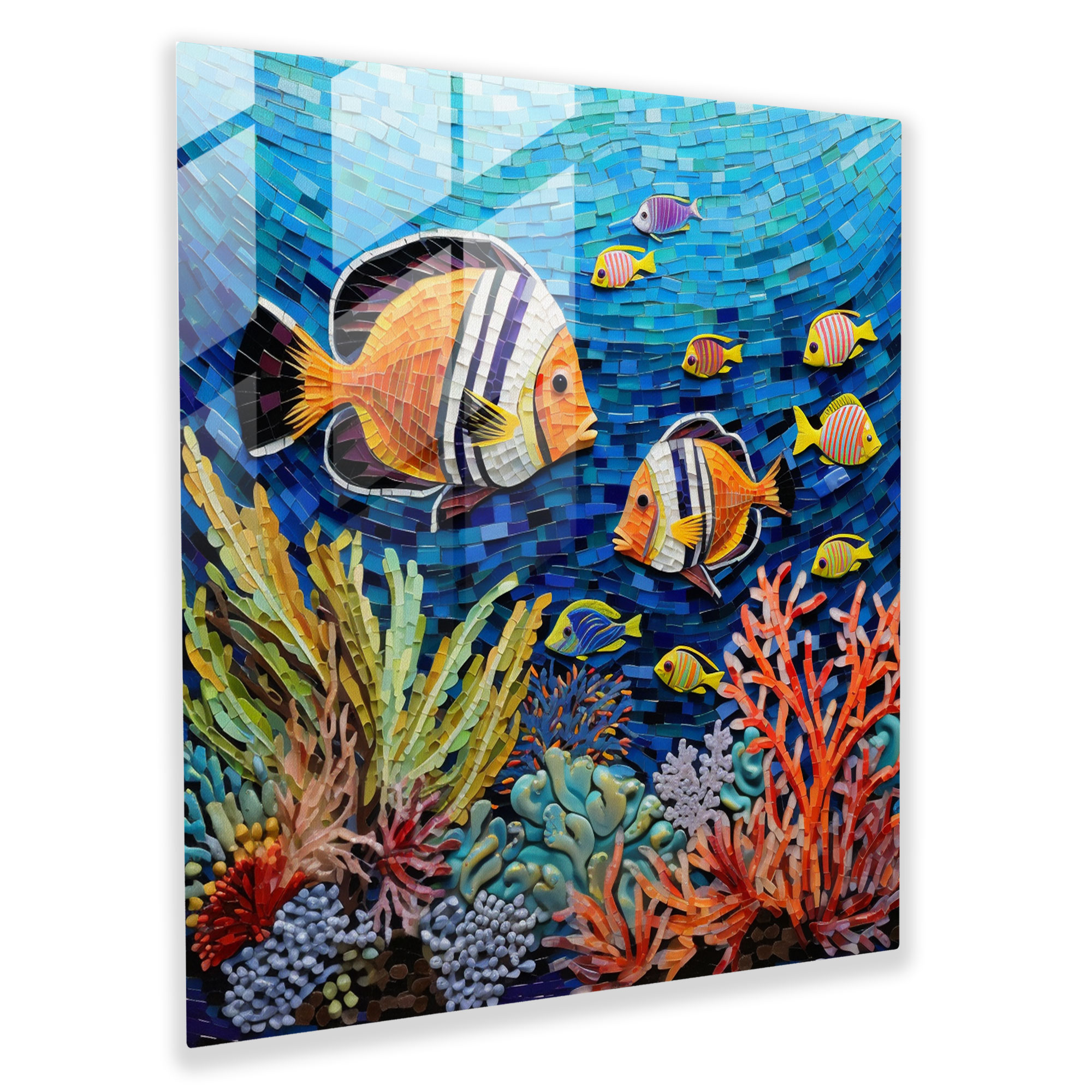 Tropical Glass Print - Glass Mosaic Of Colorful Coral Reef Fish - Tropical, Modern Art, Wall Decoration, Glass Art