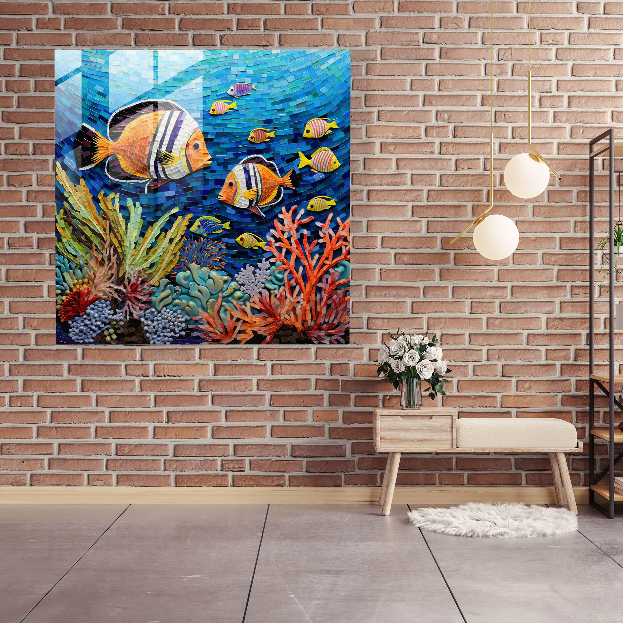 Tropical Glass Print - Glass Mosaic Of Colorful Coral Reef Fish - Tropical, Modern Art, Wall Decoration, Glass Art