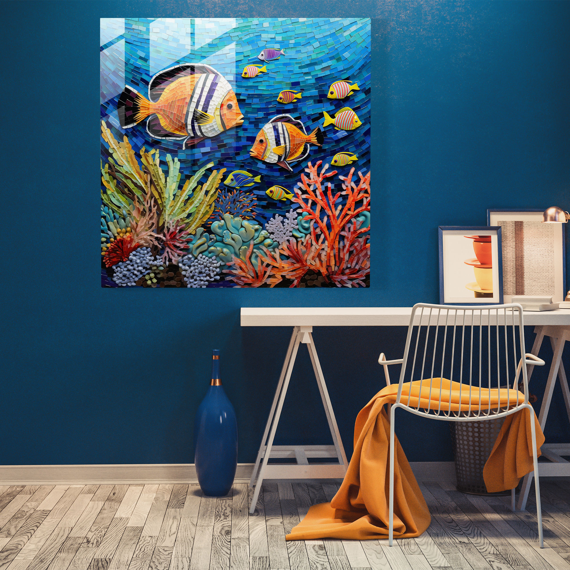 Tropical Glass Print - Glass Mosaic Of Colorful Coral Reef Fish - Tropical, Modern Art, Wall Decoration, Glass Art