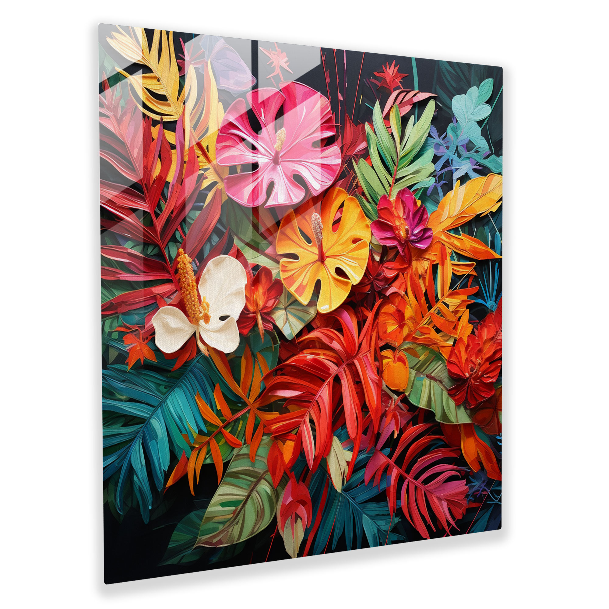 Tropical Glass Print - Mixed Media Artwork Of Colorful Leaf Collage - Tropical, Glass Wall Art, Home Decoration, Glass Art