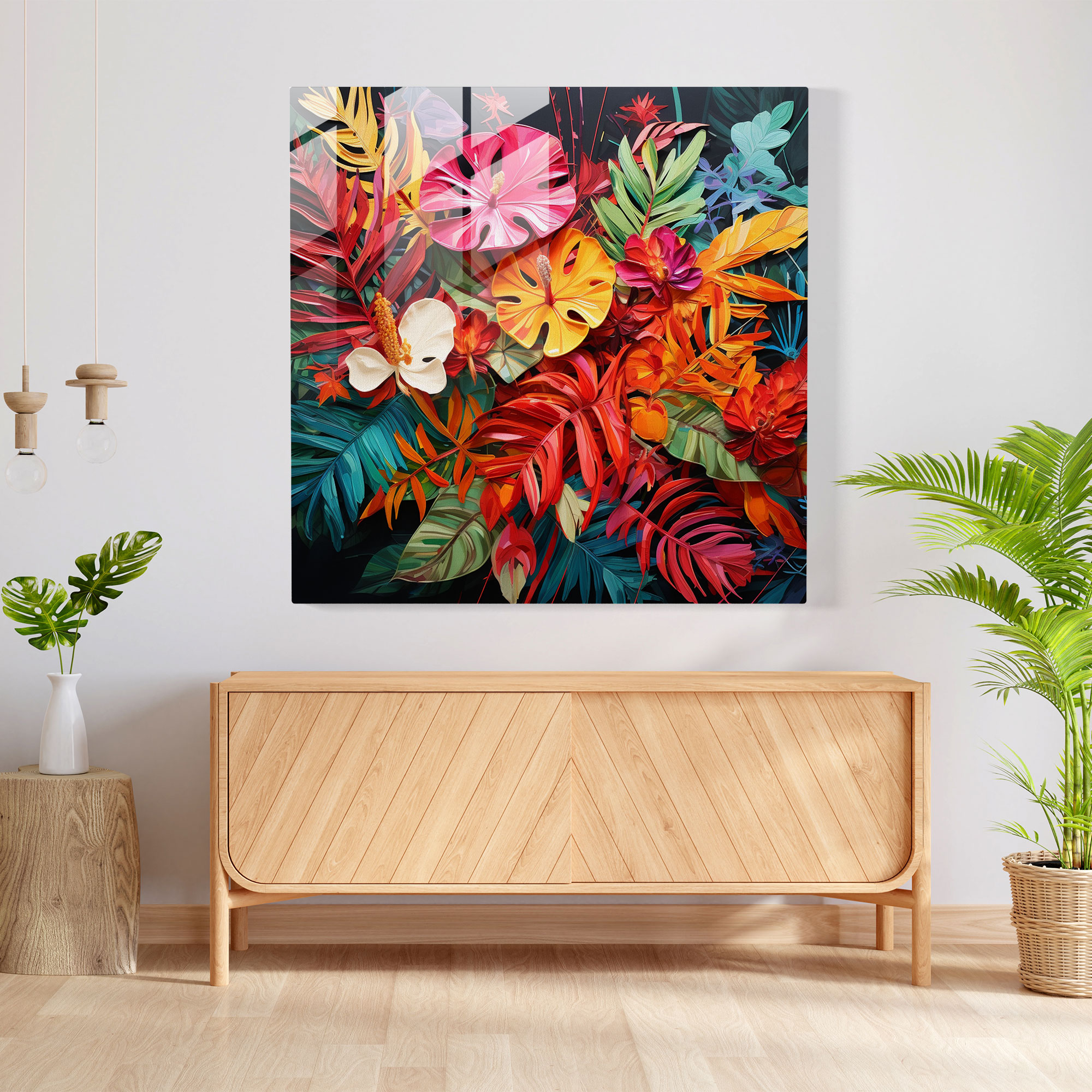 Tropical Glass Print - Mixed Media Artwork Of Colorful Leaf Collage - Tropical, Glass Wall Art, Home Decoration, Glass Art