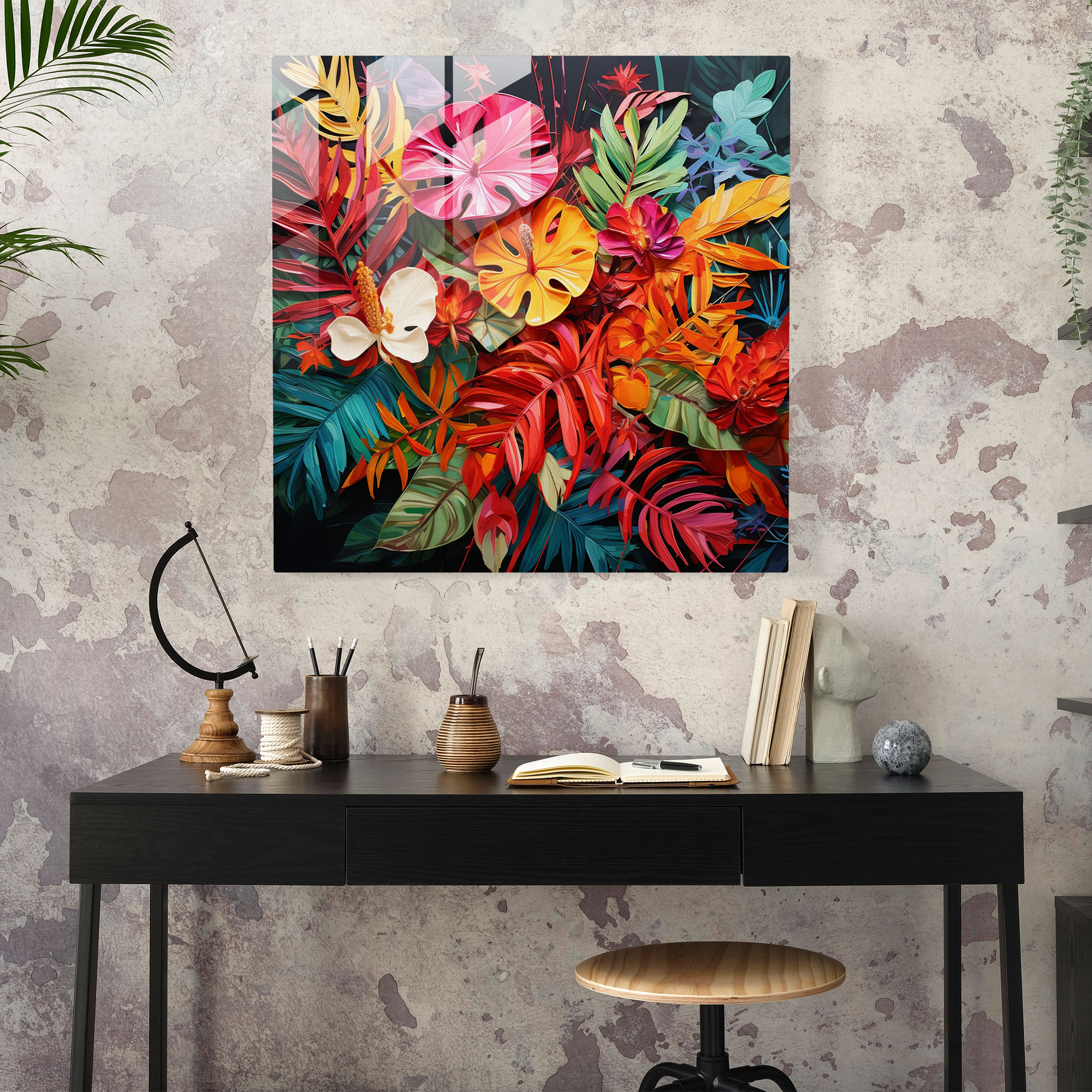 Tropical Glass Print - Mixed Media Artwork Of Colorful Leaf Collage - Tropical, Glass Wall Art, Home Decoration, Glass Art