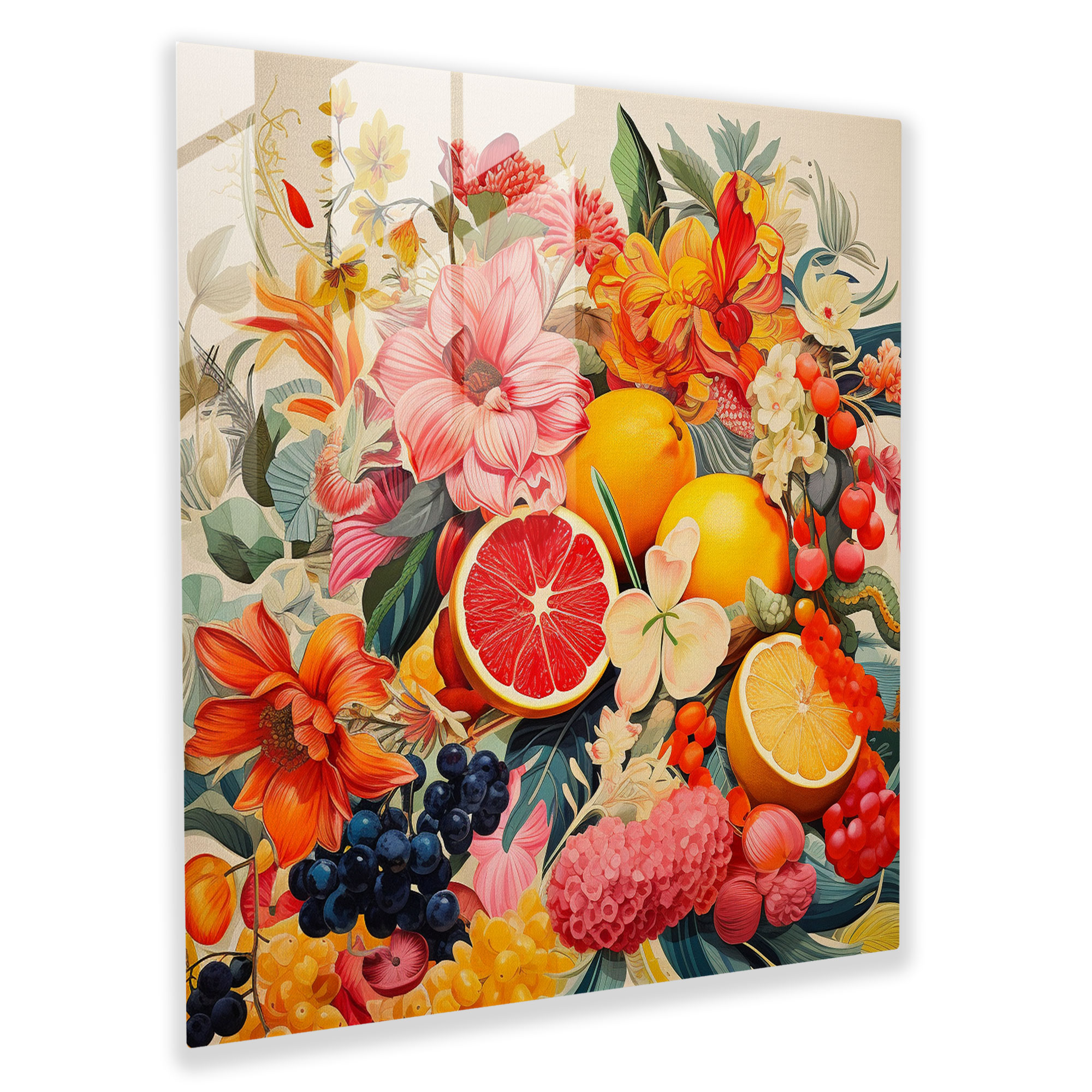 Tropical Glass Print - Collage Artwork Of Colorful Fruit And Flower Fusion - Tropical, Colorful Fruit And Flower Fusion, Modern Art, Vibrant Patterns