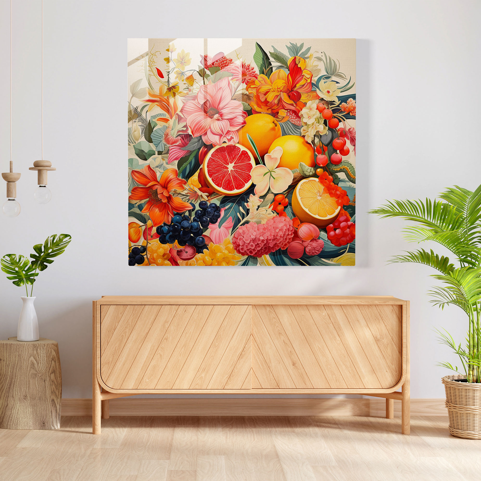 Tropical Glass Print - Collage Artwork Of Colorful Fruit And Flower Fusion - Tropical, Colorful Fruit And Flower Fusion, Modern Art, Vibrant Patterns