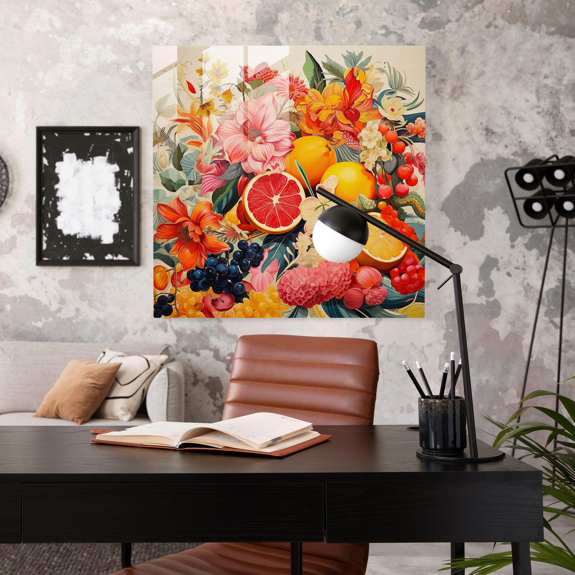 Tropical Glass Print - Collage Artwork Of Colorful Fruit And Flower Fusion - Tropical, Colorful Fruit And Flower Fusion, Modern Art, Vibrant Patterns