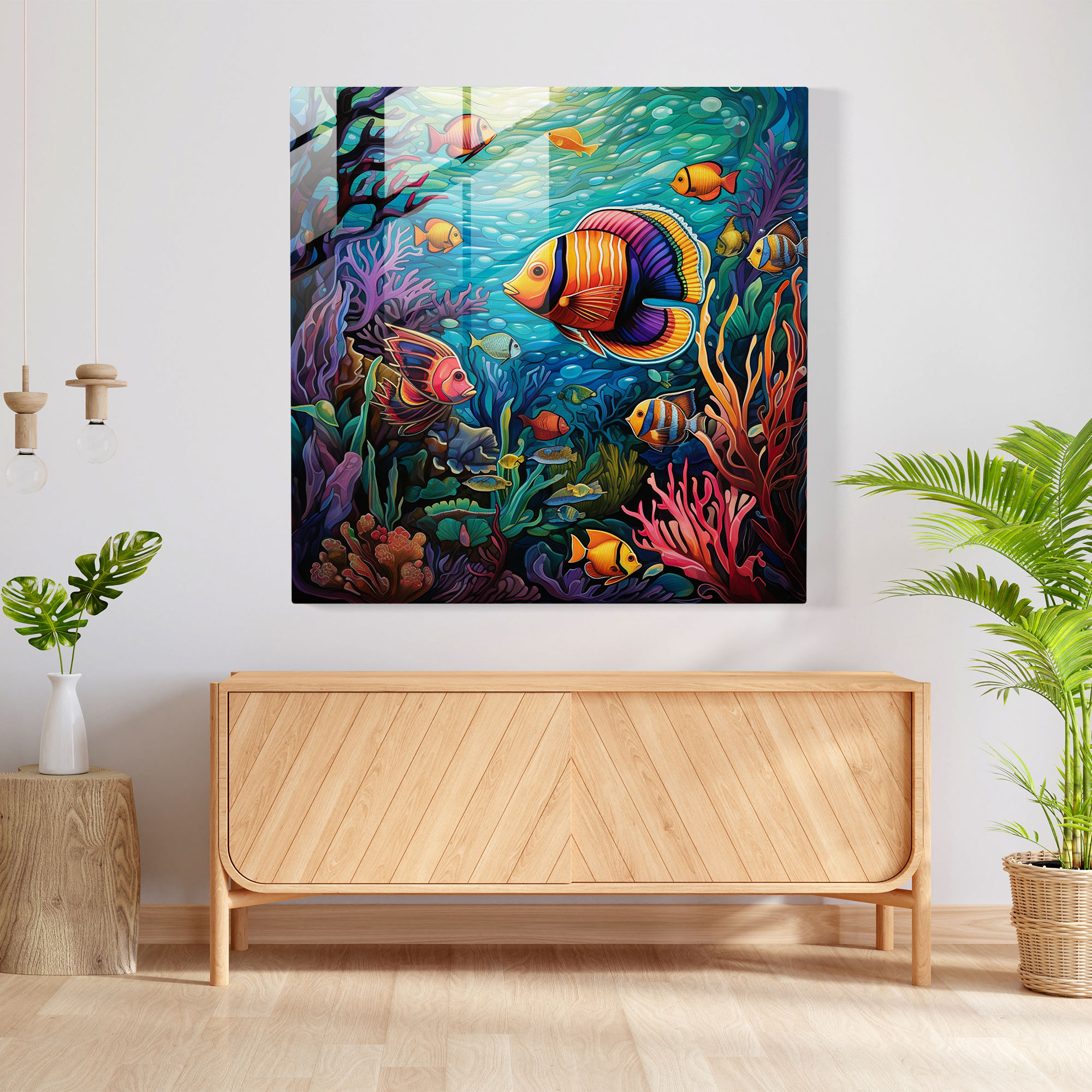Tropikal Balıklar Cam Tablosu - Tropikal Balıklar Modern Sanat Mercan Resifleri