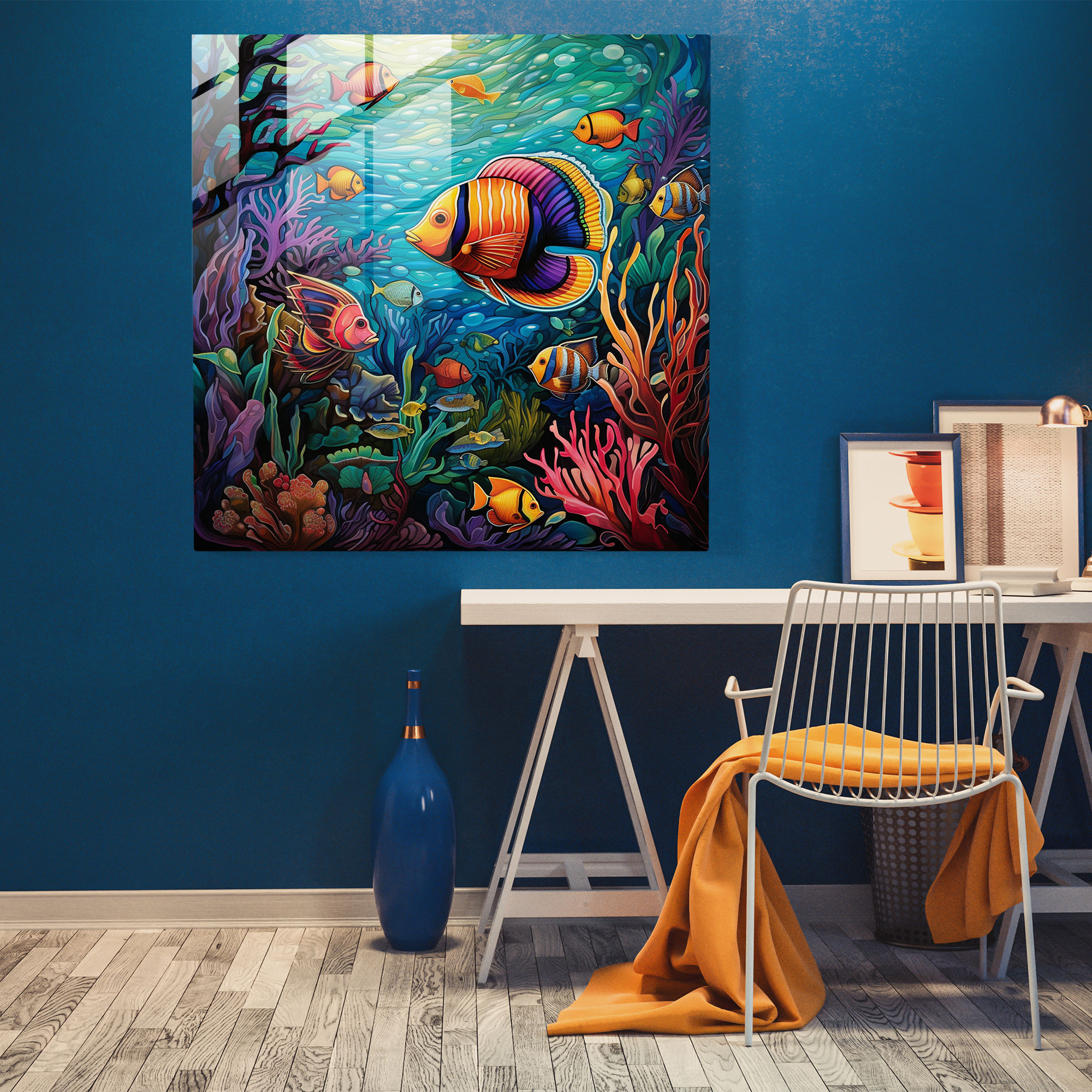 Tropikal Balıklar Cam Tablosu - Tropikal Balıklar Modern Sanat Mercan Resifleri