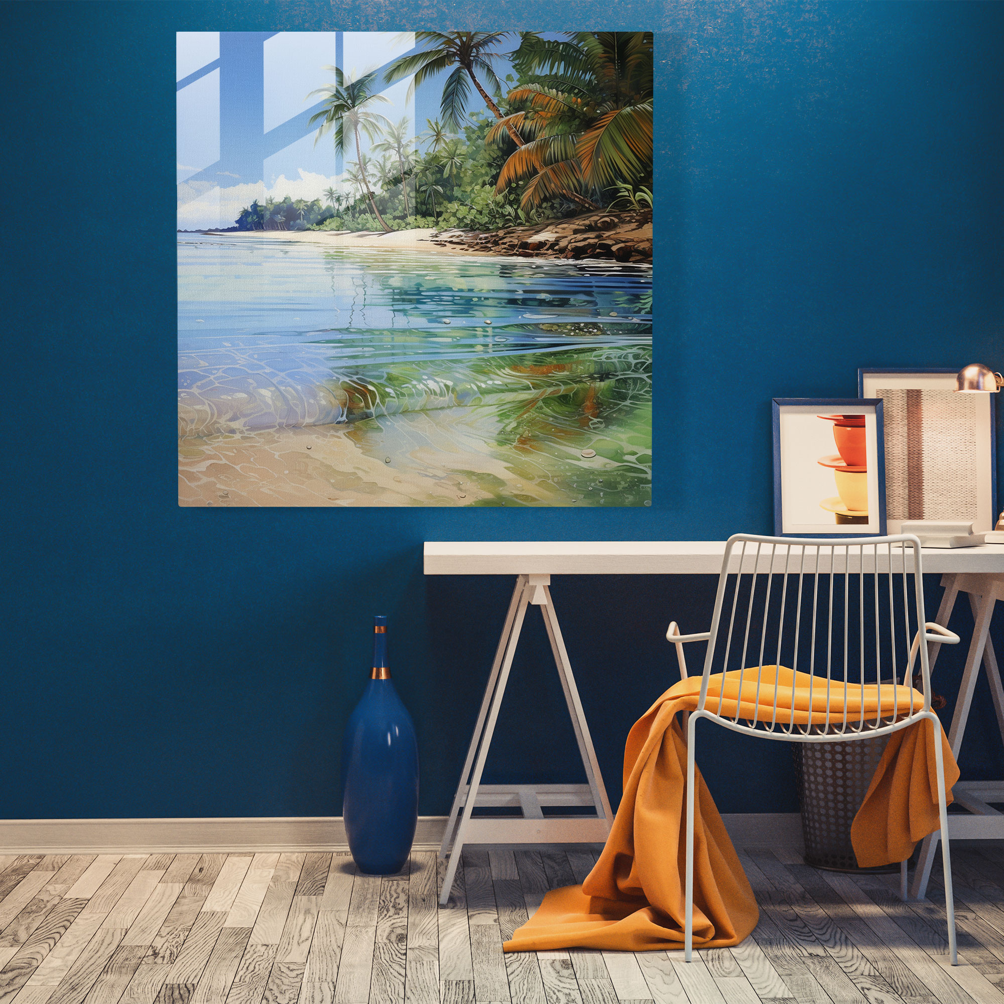 Secluded Tropical Beach Glass Painting - Tropical, Glass Print, Swaying Palm Trees, Glass Wall Art