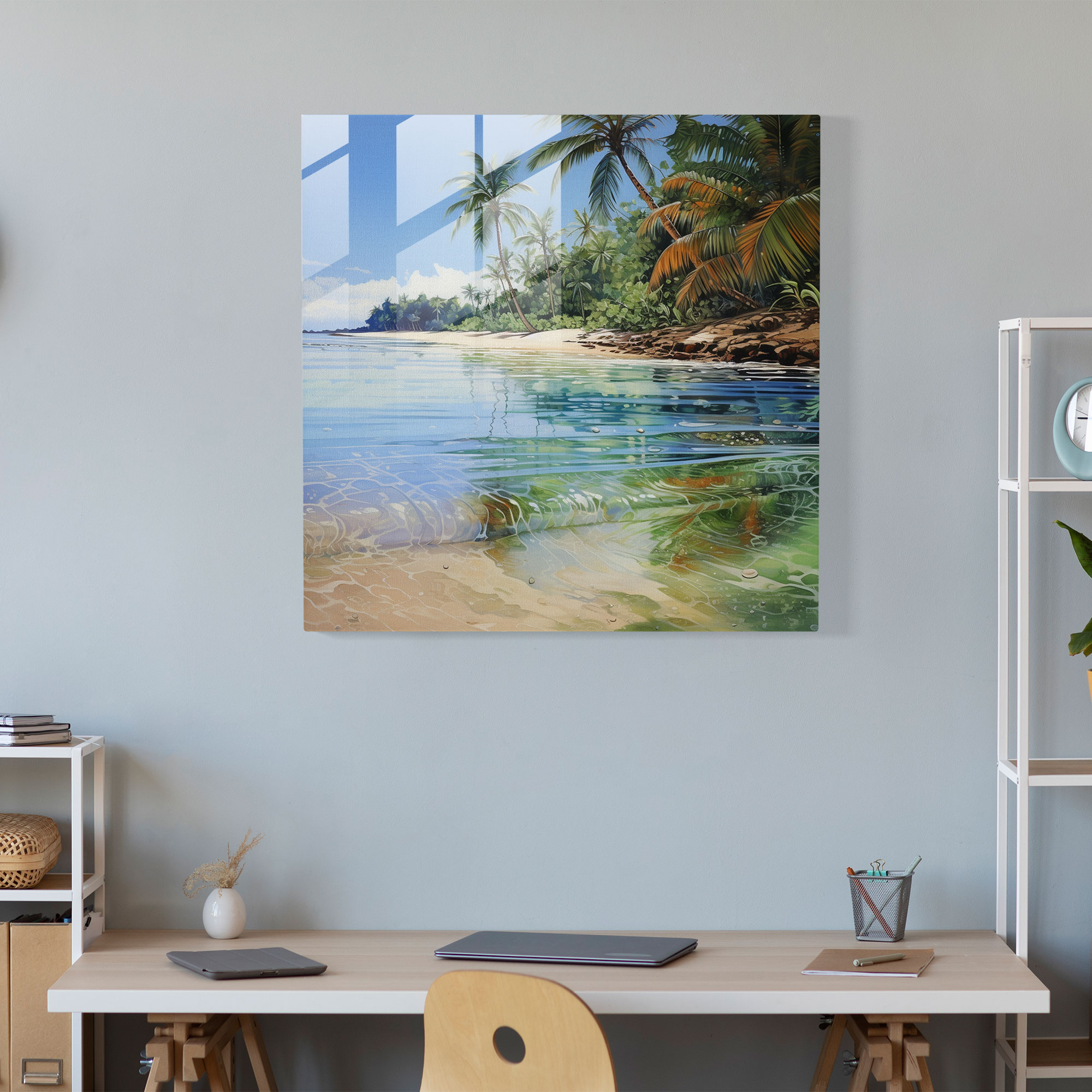 Secluded Tropical Beach Glass Painting - Tropical, Glass Print, Swaying Palm Trees, Glass Wall Art
