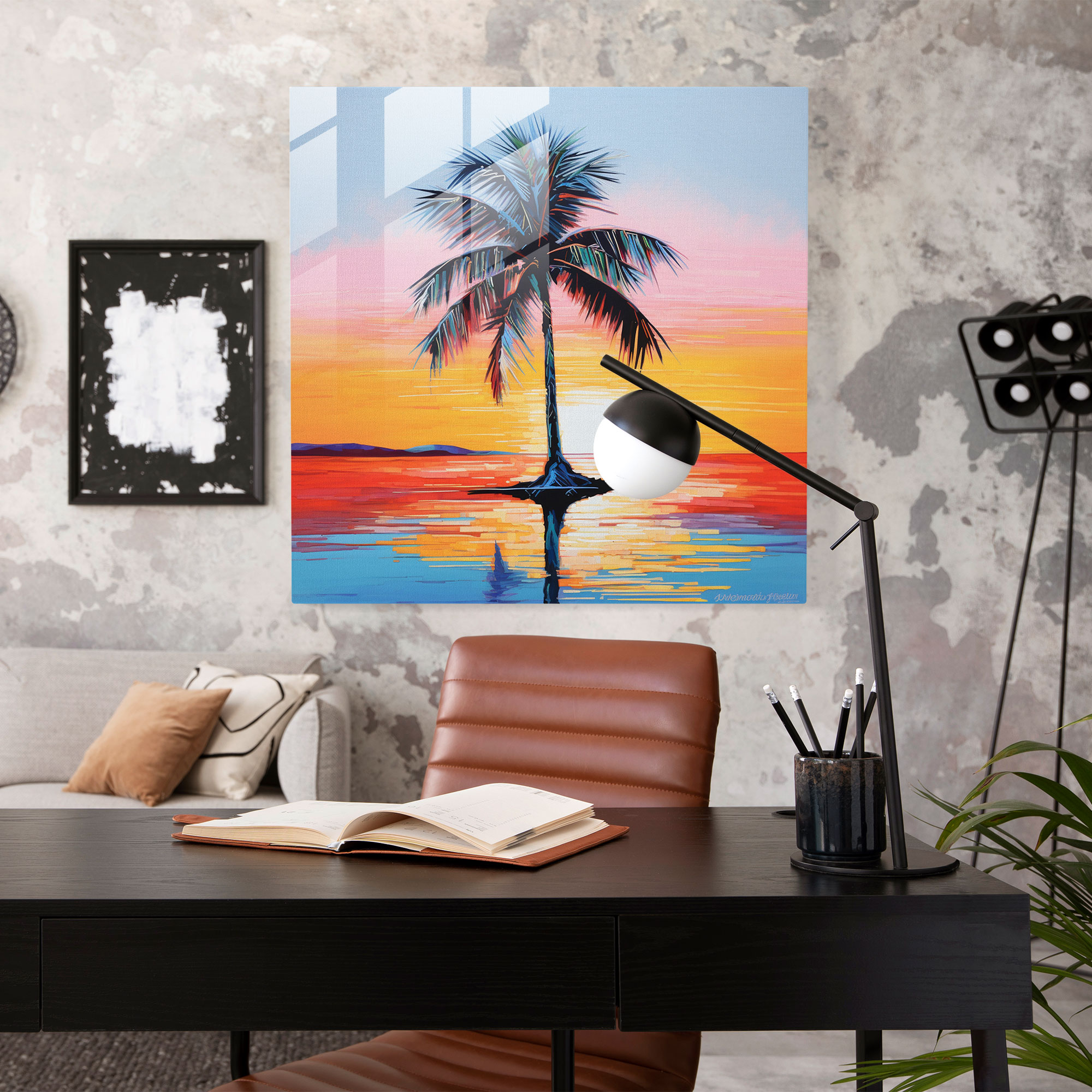 Silhouetted Palm Tree Glass Painting - Tropical, Glass Art, Minimalist Glass Painting, Glass Wall Art