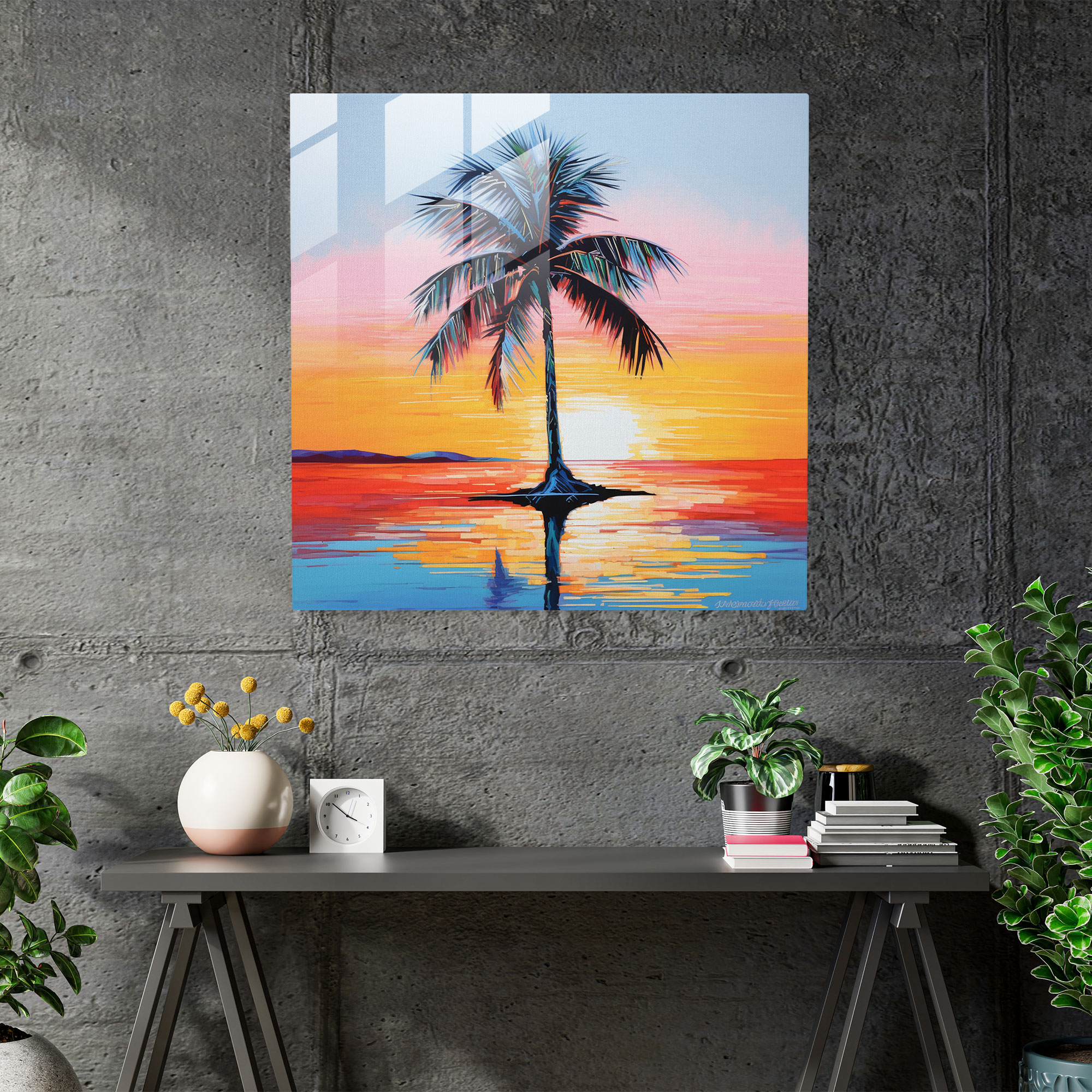 Silhouetted Palm Tree Glass Painting - Tropical, Glass Art, Minimalist Glass Painting, Glass Wall Art