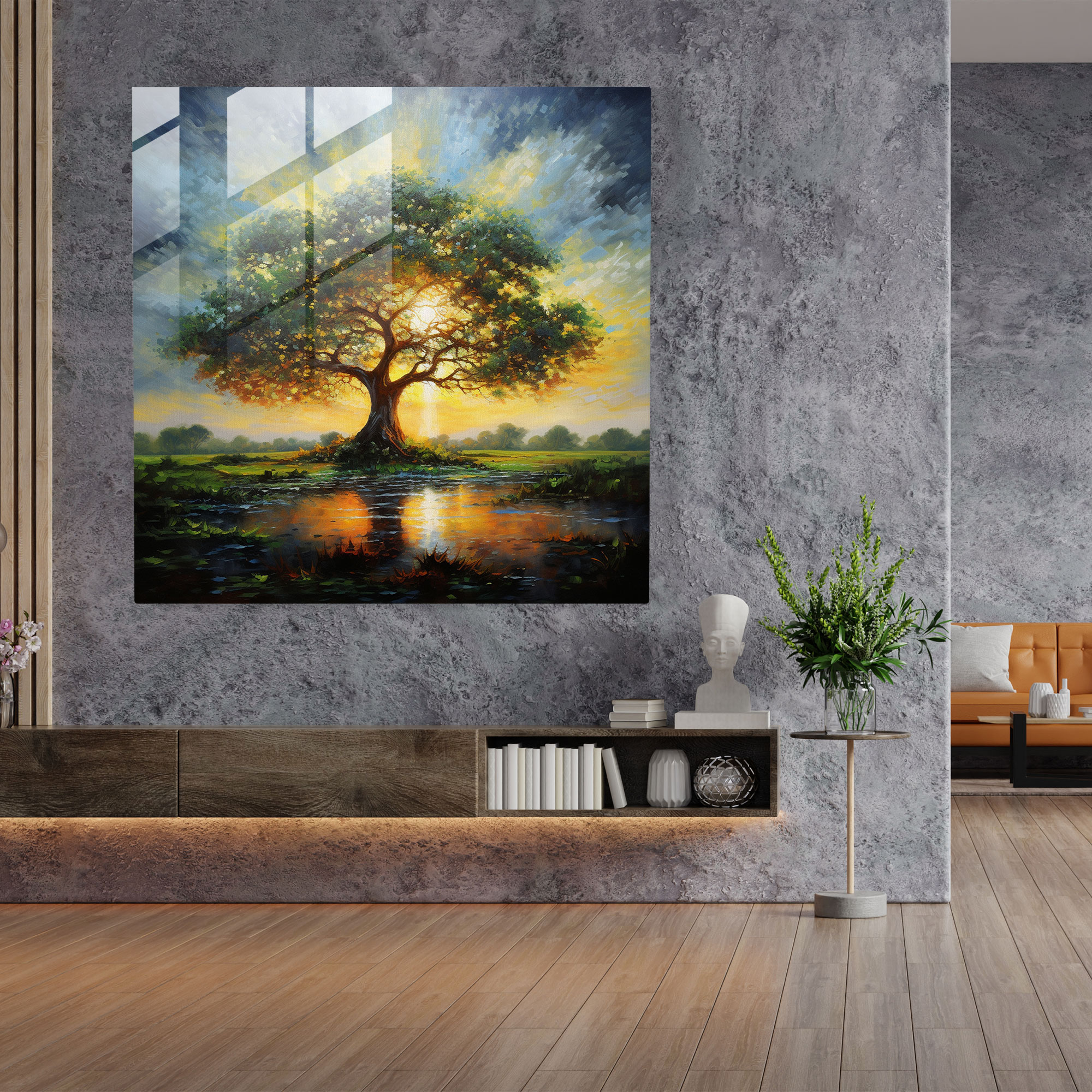 Empresyonist Manzara Hayat Ağacı Cam Tablo - Hayat Ağacı Huzurlu Manzara Cam Sanat Modern Sanat