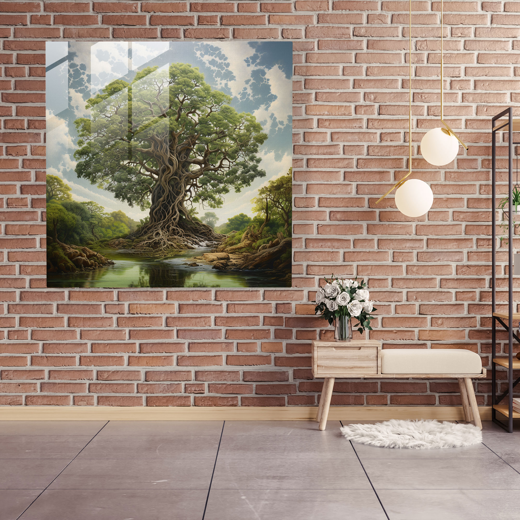 Gerçekçi Hayat Ağacı Cam Tablo - Modern Sanat Hayat Ağacı Cam Tablo