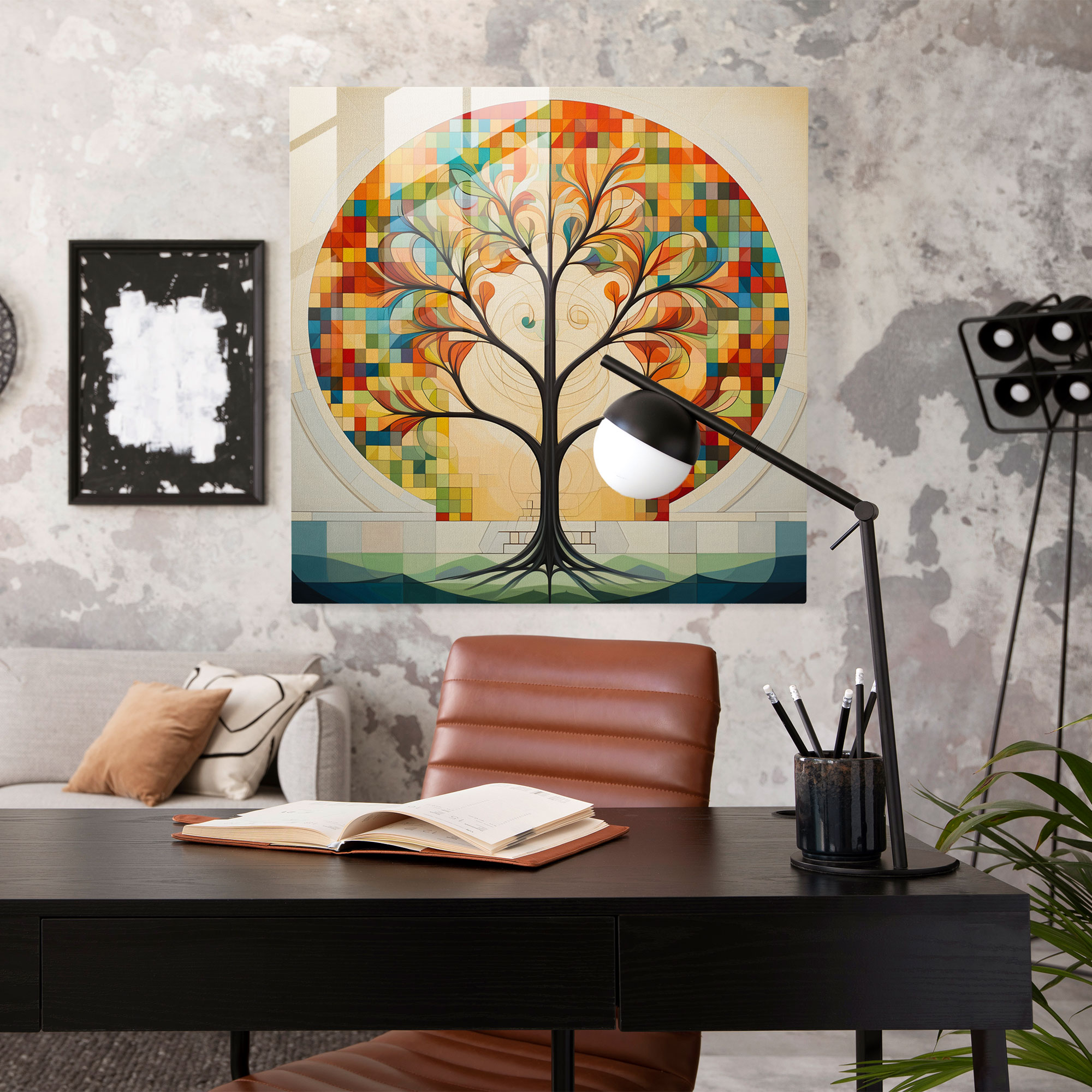 Hayat Ağacı Cam Tablo - Geometrik Desen - Duvar Dekorasyonu Cam Sanatı Modern Sanat