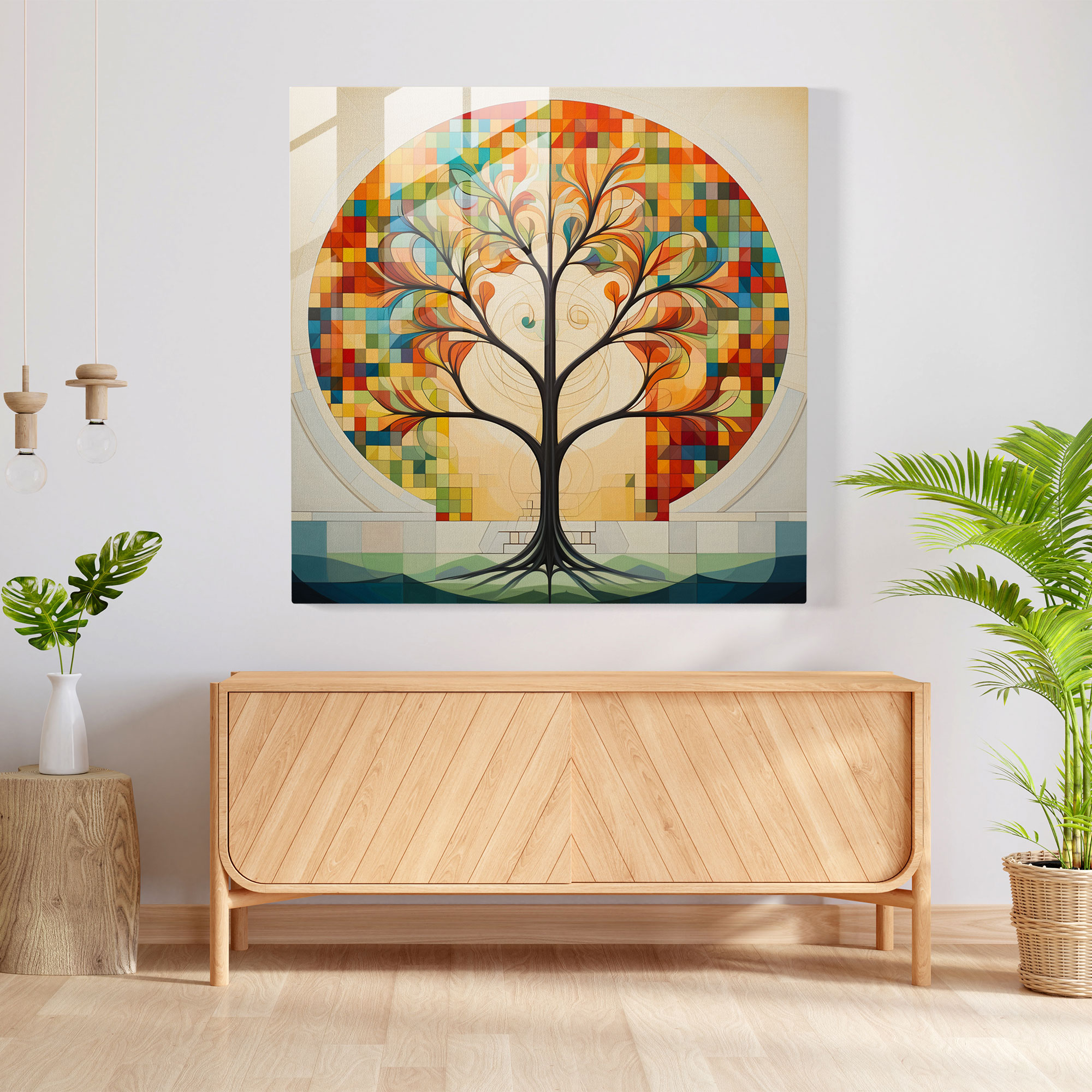 Hayat Ağacı Cam Tablo - Geometrik Desen - Duvar Dekorasyonu Cam Sanatı Modern Sanat