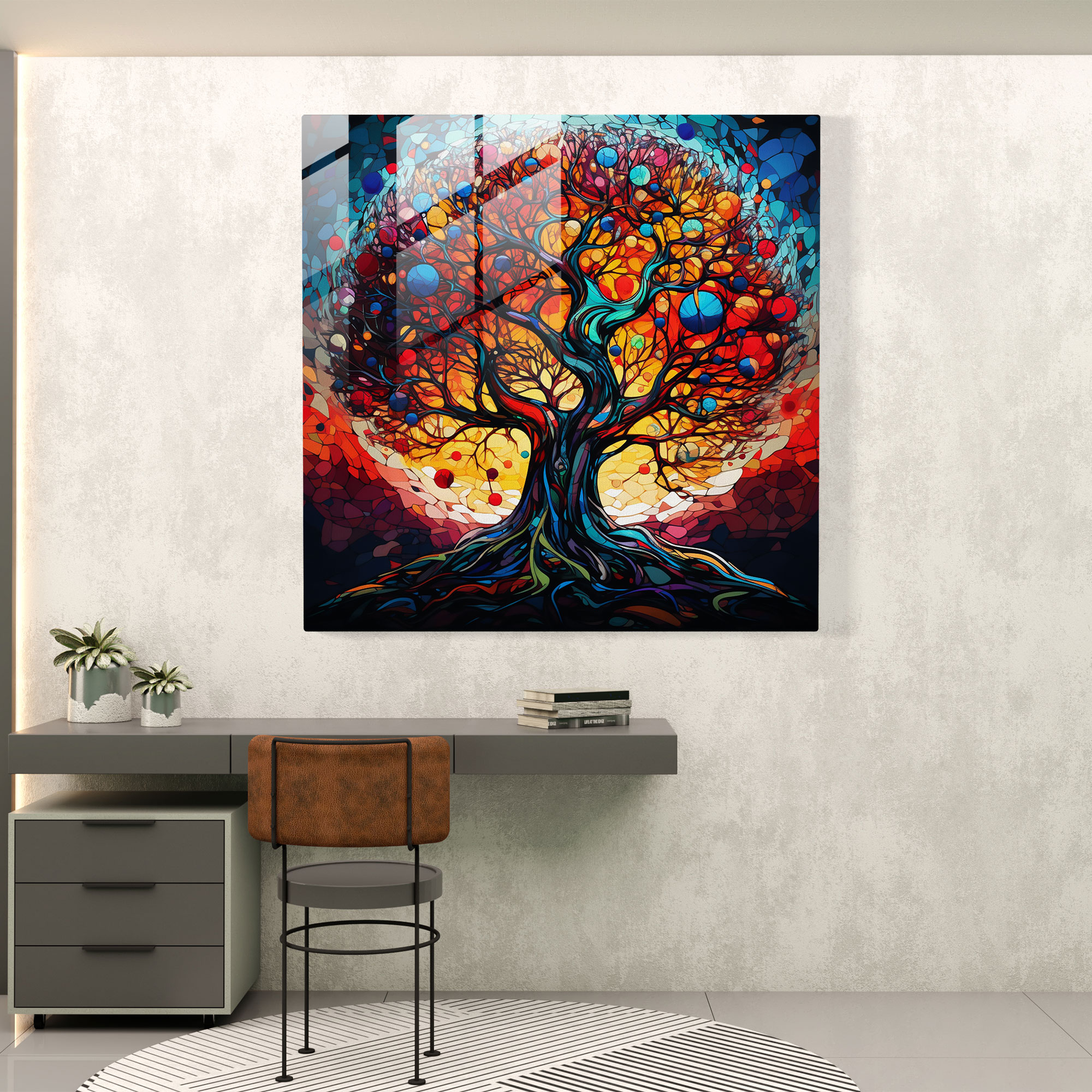 Modern Glass Tree Of Life Print - Tree Of Life, Contrasting Colors, Abstract, Glass Print
