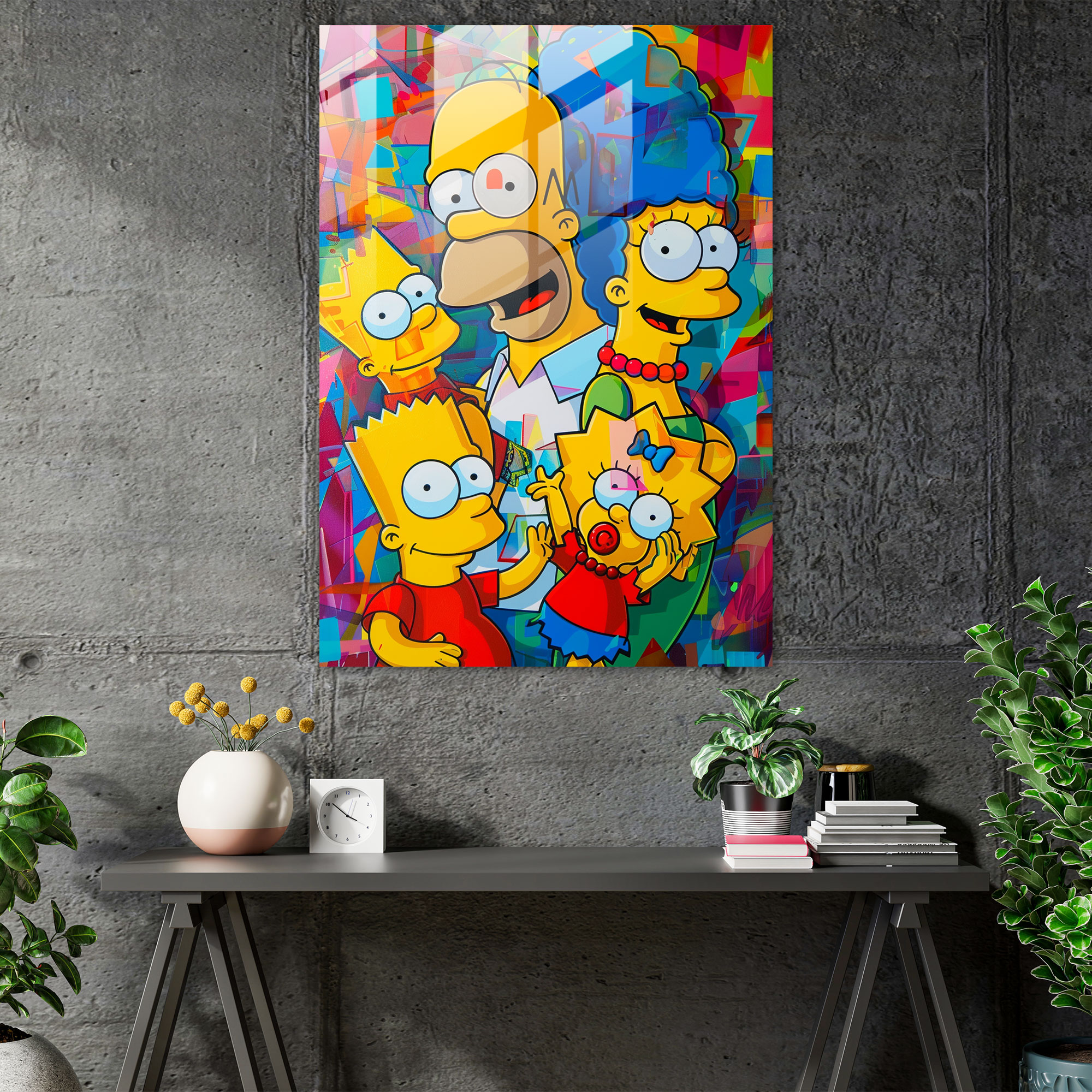 The Simpsons Glass Print - Colorful Abstract Family Portrait - The Simpsons, Modern Art, Wall Decoration, The Simpsons