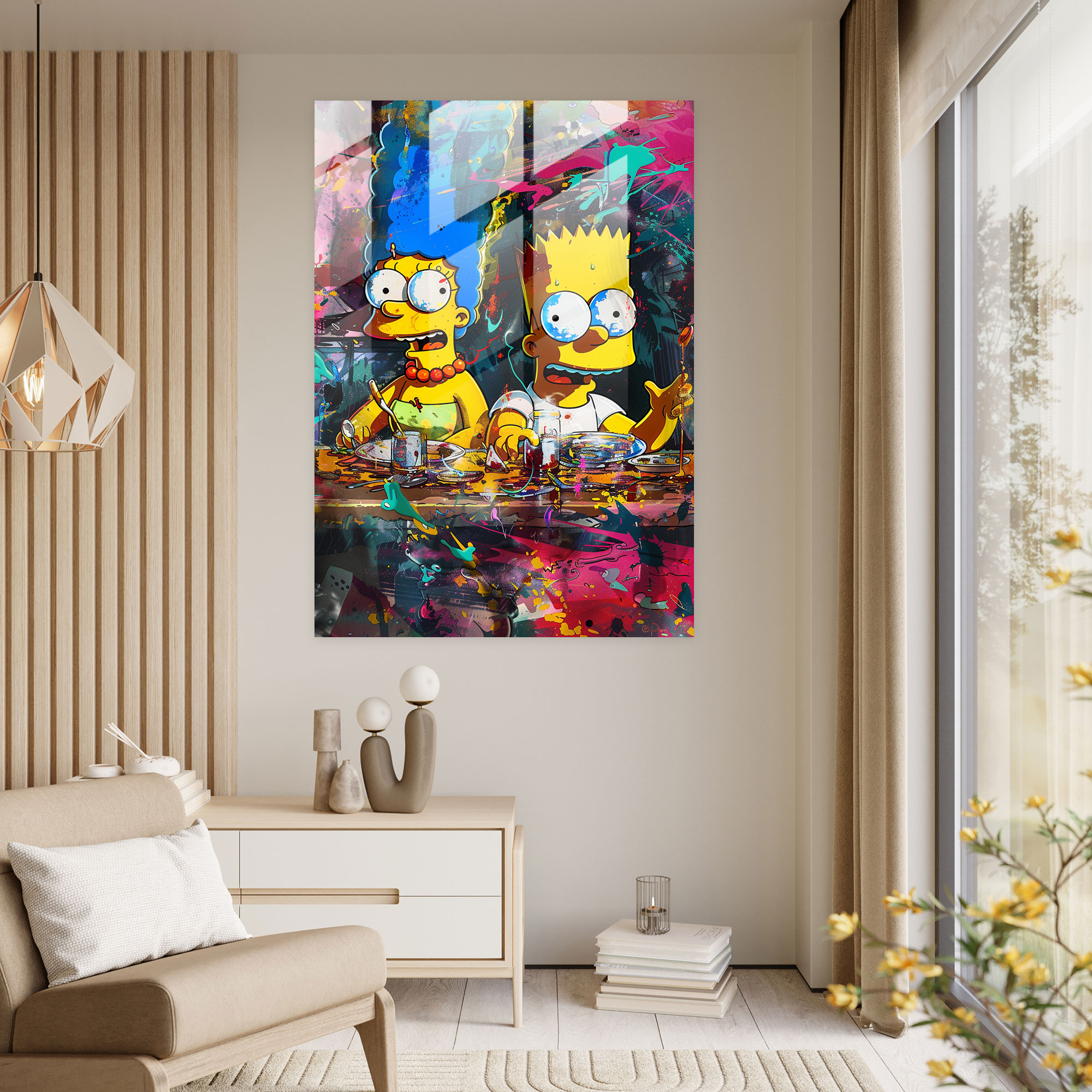 Simpsons Cam Tablosu - Aile Yemeği - The Simpsons Duvar Dekorasyonu Aile Buluşması Cam Duvar Sanatı