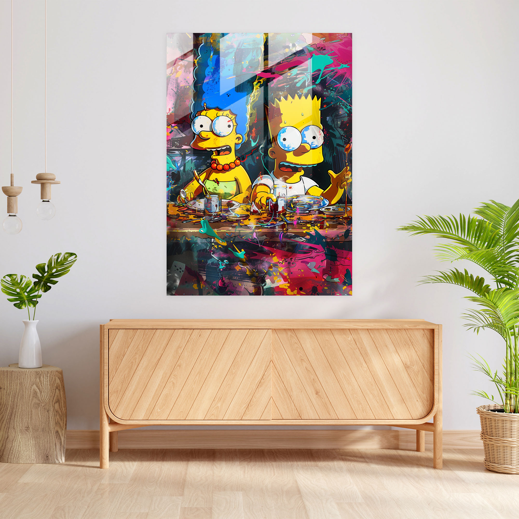 Simpsons Cam Tablosu - Aile Yemeği - The Simpsons Duvar Dekorasyonu Aile Buluşması Cam Duvar Sanatı